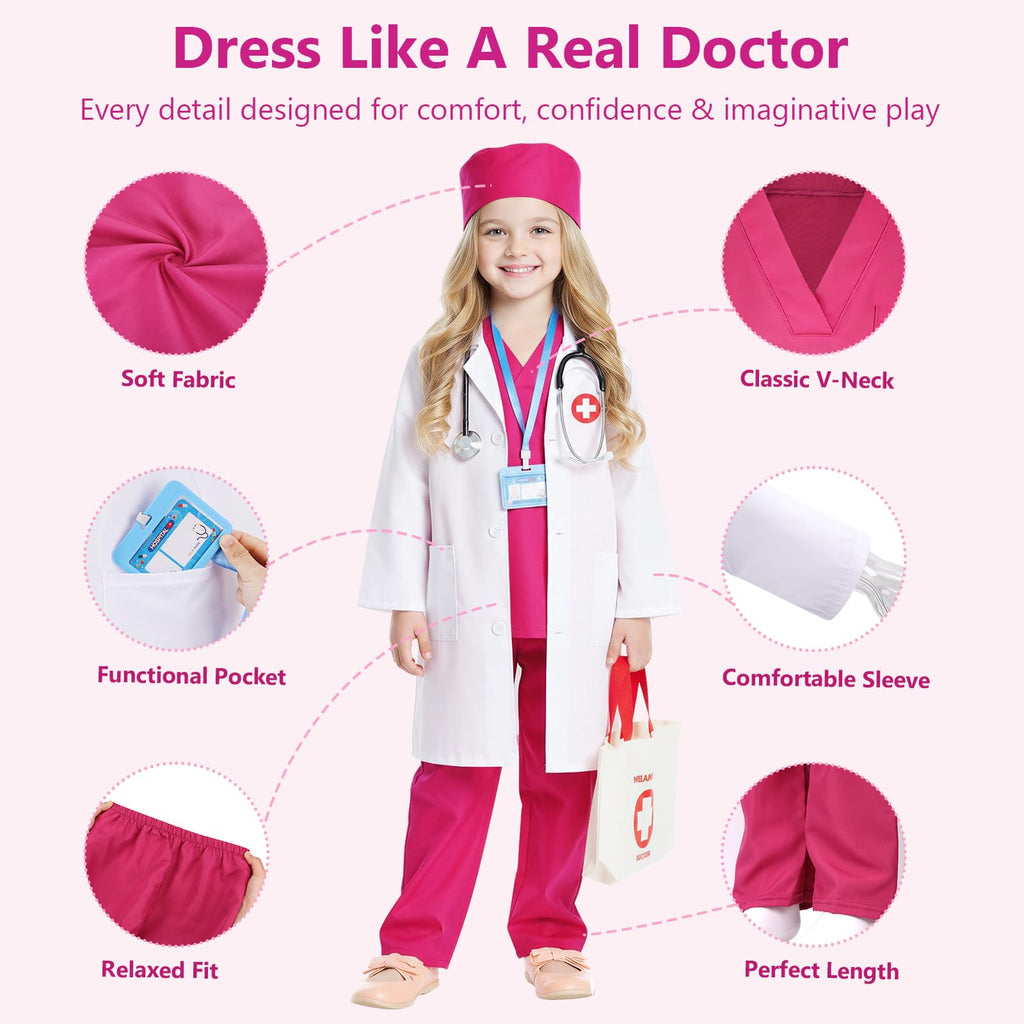 Meland Doctor Costume for Kids 3-10, Pretend Play Career Dress Up with Bag