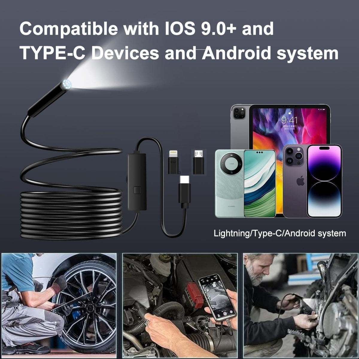 Endoscope Inspection Camera with Lights, 1920P HD Flexible Borescope Lens, 16.5ft Semi-Rigid Snake Cameras,IP67 Tube Sink Pipe Drain Overhaul, for Android, iPhone, iPad, Tools