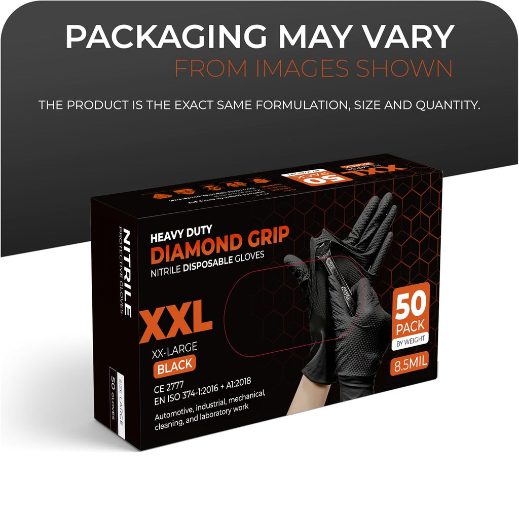 The Real Touch Nitrile Gloves, 50 Count, Heavy-Duty Disposable Mechanic Gloves, Diamond Textured, Latex & Powder-Free, Non-Slip, Extra Thick, Ideal for Automotive, Industrial Tasks (Black - 50, L)