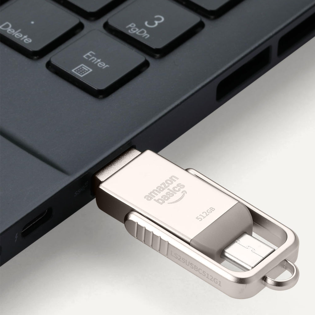 Amazon Basics USB Flash Drive, Thumb Drive Memory Stick with USB C and USB A Dual Ports, 128GB, Champagne Silver