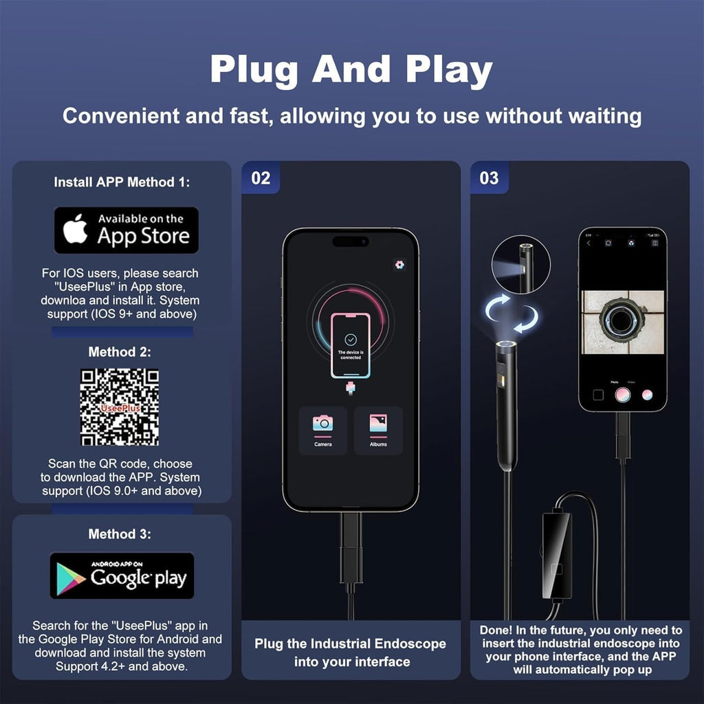 Endoscope Inspection Camera with Lights, 1920P HD Flexible Borescope Lens, 16.5ft Semi-Rigid Snake Cameras,IP67 Tube Sink Pipe Drain Overhaul, for Android, iPhone, iPad, Tools
