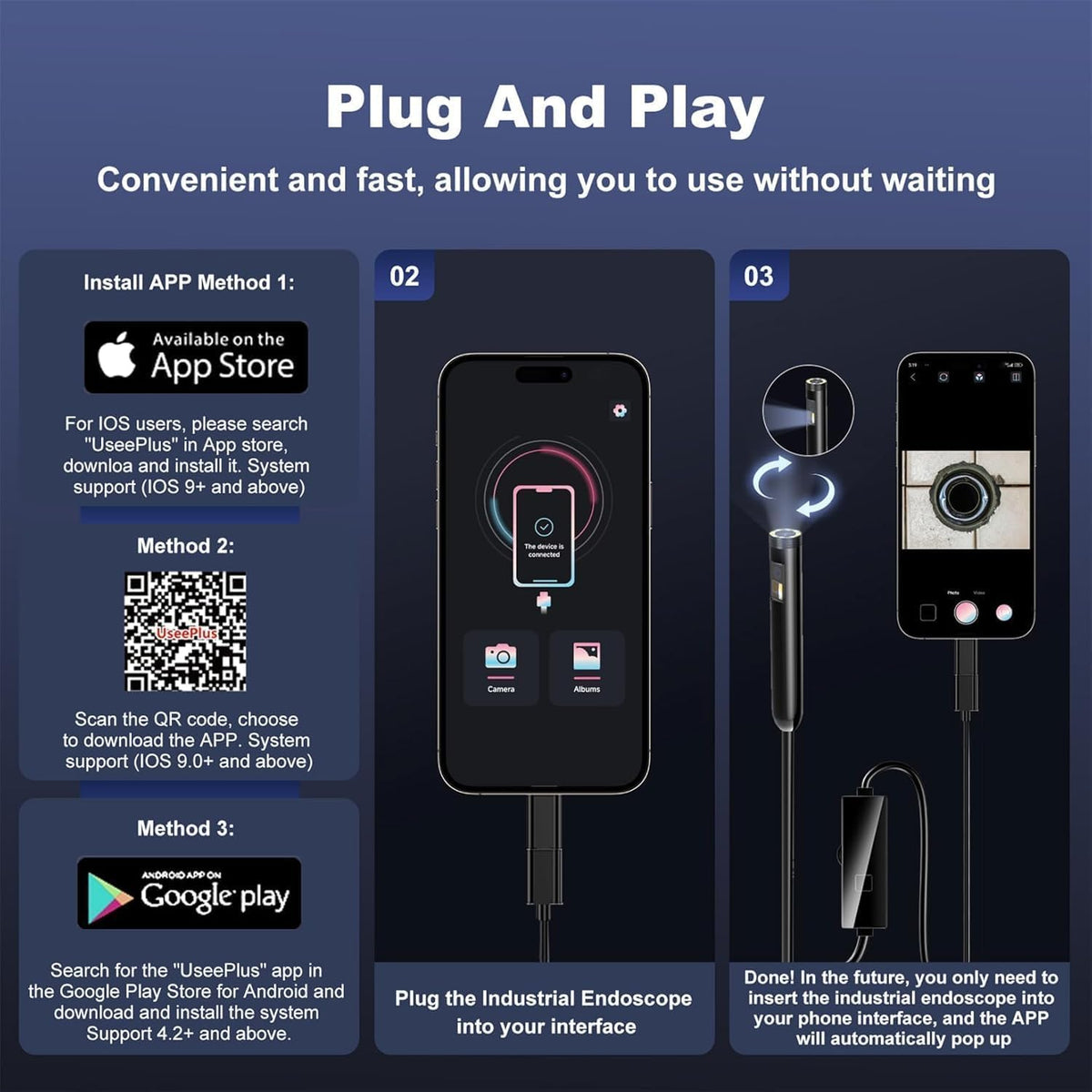 Endoscope Inspection Camera with Lights, 1920P HD Flexible Borescope Lens, 16.5ft Semi-Rigid Snake Cameras,IP67 Tube Sink Pipe Drain Overhaul, for Android, iPhone, iPad, Tools