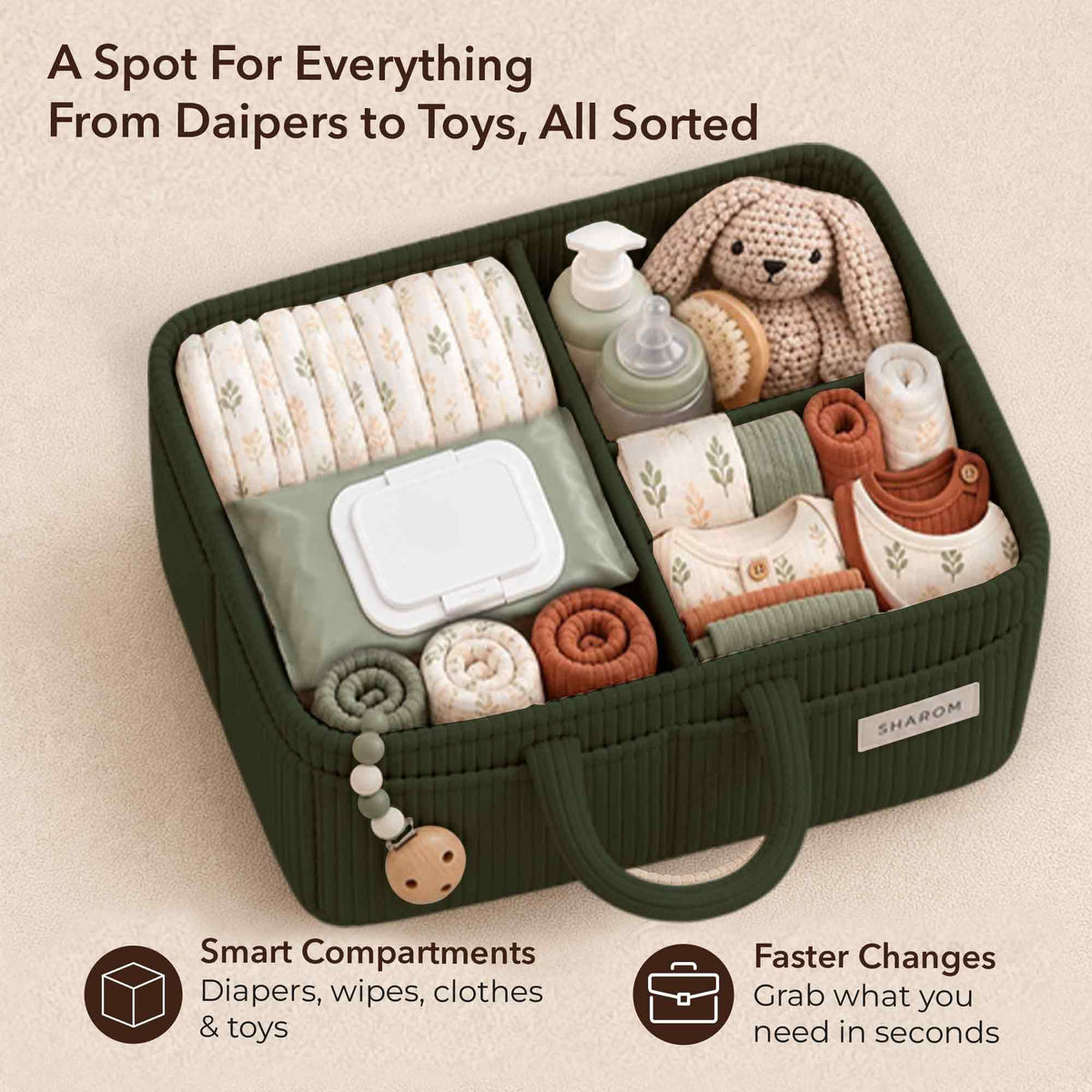 Essential Baby Caddy for Newborns. Spacious, Sturdy & Portable Diaper and Nappy Caddy for Newborn Essentials, Nursery Storage Basket & Organiser for Baby Shower Gifts & Registry Must-Haves Grey