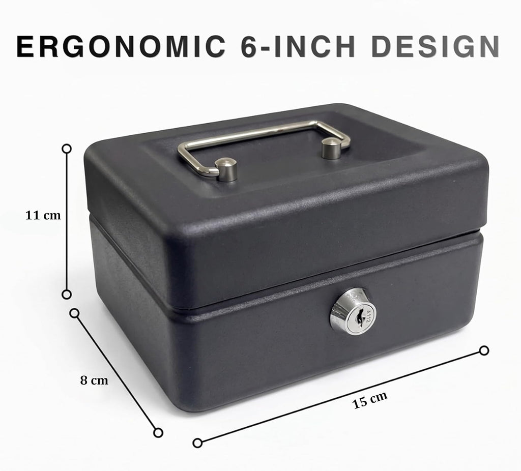 Requisite Needs Metal Money Box Tin 6" Steel Cash Safe Box Petty Cash Deposit Tin with Lock 2 Keys for Security (BLACK)