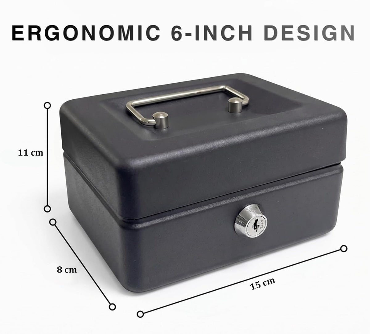 Requisite Needs Metal Money Box Tin 6" Steel Cash Safe Box Petty Cash Deposit Tin with Lock 2 Keys for Security (BLACK)