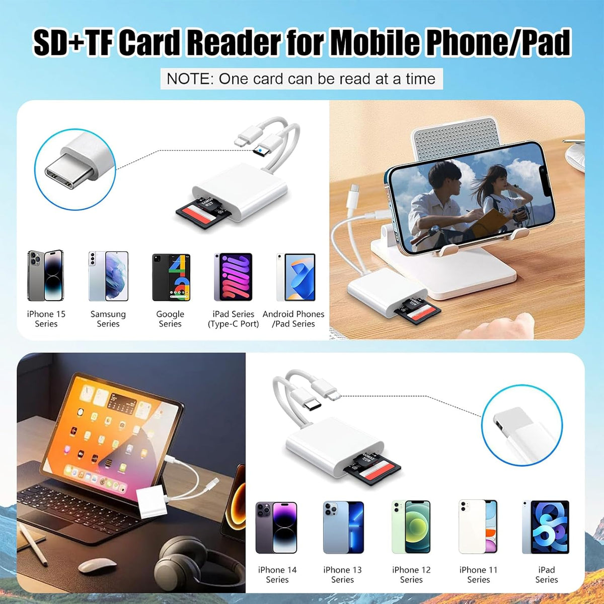 La Brodée SD Card Reader for iPhone iPad, Lightning+USB C Camera Adapter