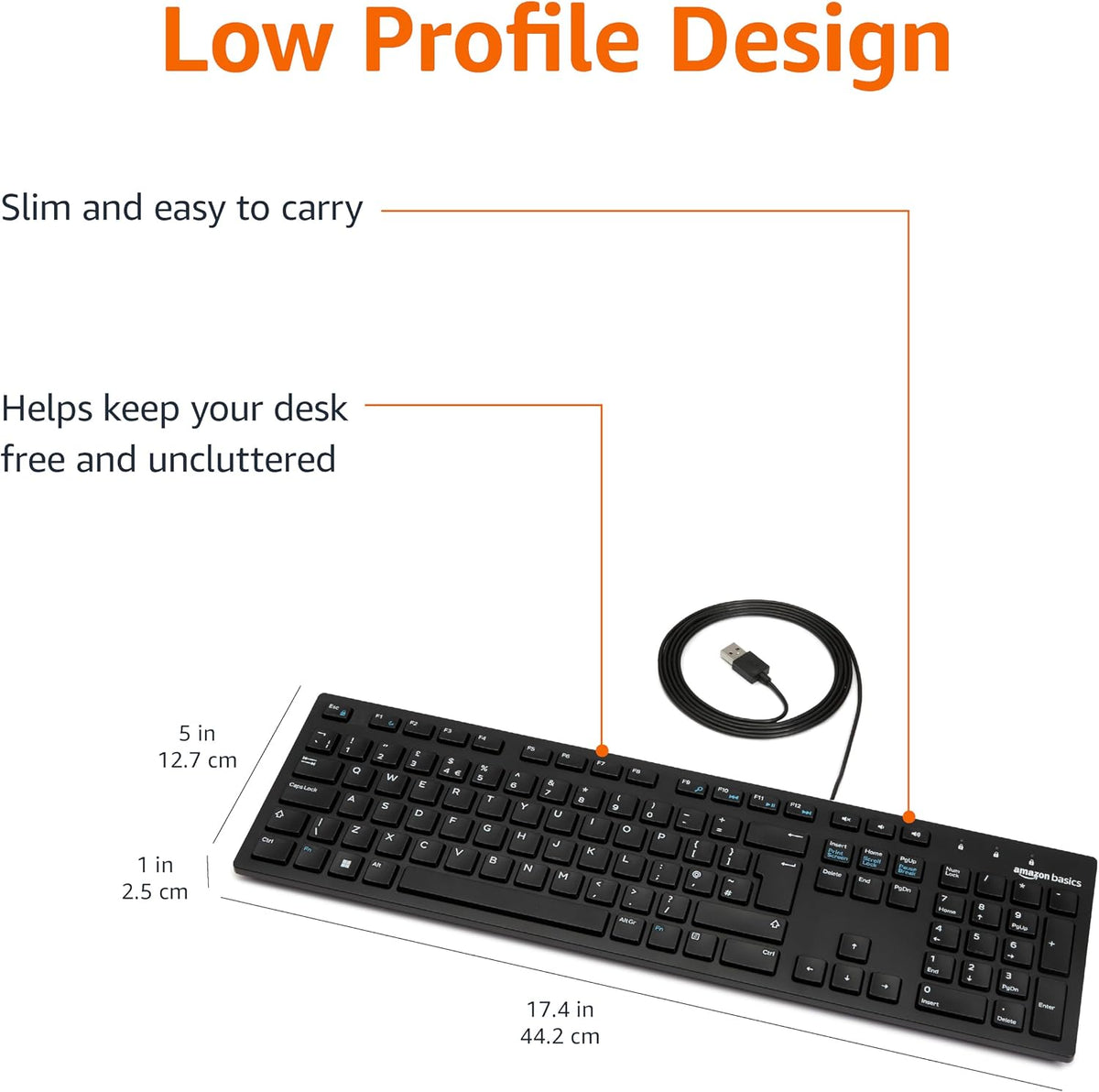 Amazon Basics Full size Wired Keyboard Compatible with Laptop PC Tablet, USB Plug-and-Play, QWERTY UK Layout, Matt Black