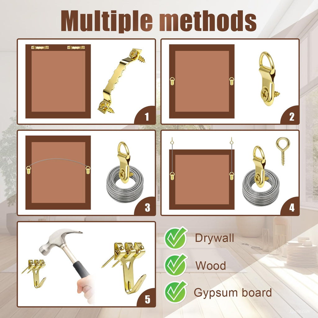 300pcs Picture Hooks Picture Hanging Kit for Picture Frame Fixing Hard Walls Photo Hooks Assorted Picture Hanger Set with Saw Tooth, D-Ring, Nails, Wire,Screws
