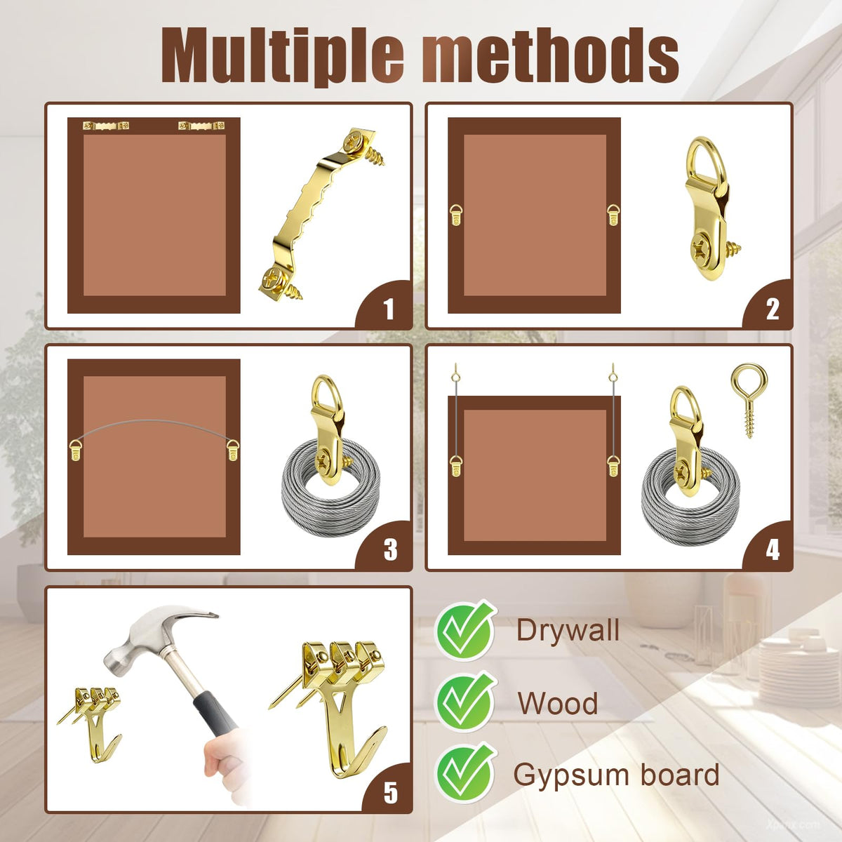 300pcs Picture Hooks Picture Hanging Kit for Picture Frame Fixing Hard Walls Photo Hooks Assorted Picture Hanger Set with Saw Tooth, D-Ring, Nails, Wire,Screws