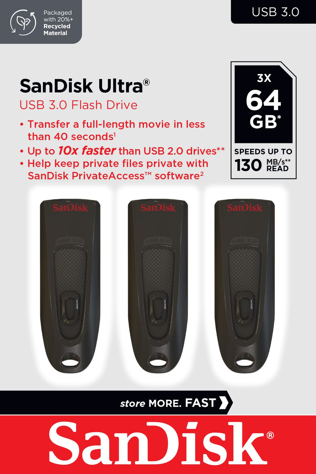 SanDisk 32GB Ultra USB 3.0 Flash Drive, USB stick, memory stick with transfer speeds up to 130MB/s, Password protection, RescuePRO Deluxe software for data recovery, Triple Pack, Black