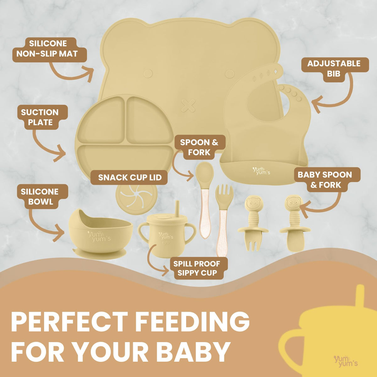 Yum Yum's Baby 10 Pcs Blue Weaning Set - Complete Toddler Feeding Kit w/Sectioned Plate, Suction Bowls, Cutlery with Mouth Guard, Straw Cup, Bib & Mat - Non-Slip - for Toddlers & Baby Gift