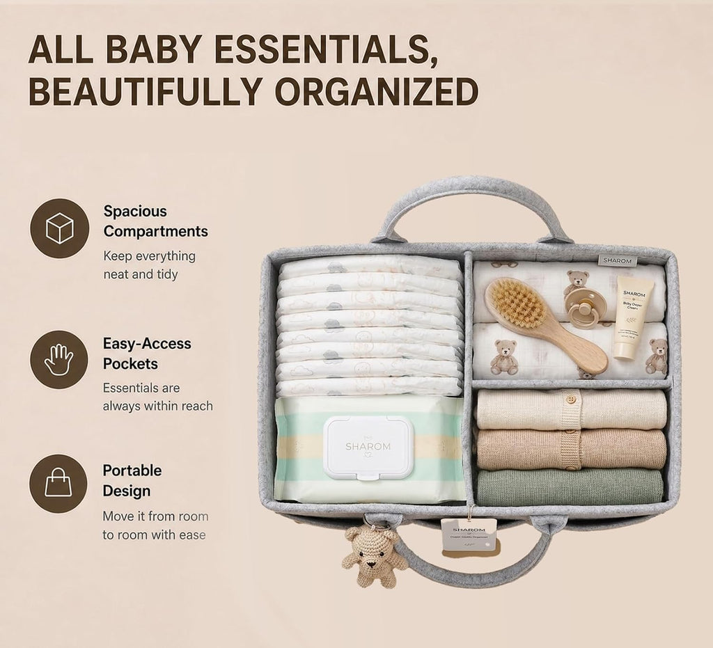 Essential Baby Caddy for Newborns. Spacious, Sturdy & Portable Diaper and Nappy Caddy for Newborn Essentials, Nursery Storage Basket & Organiser for Baby Shower Gifts & Registry Must-Haves Grey