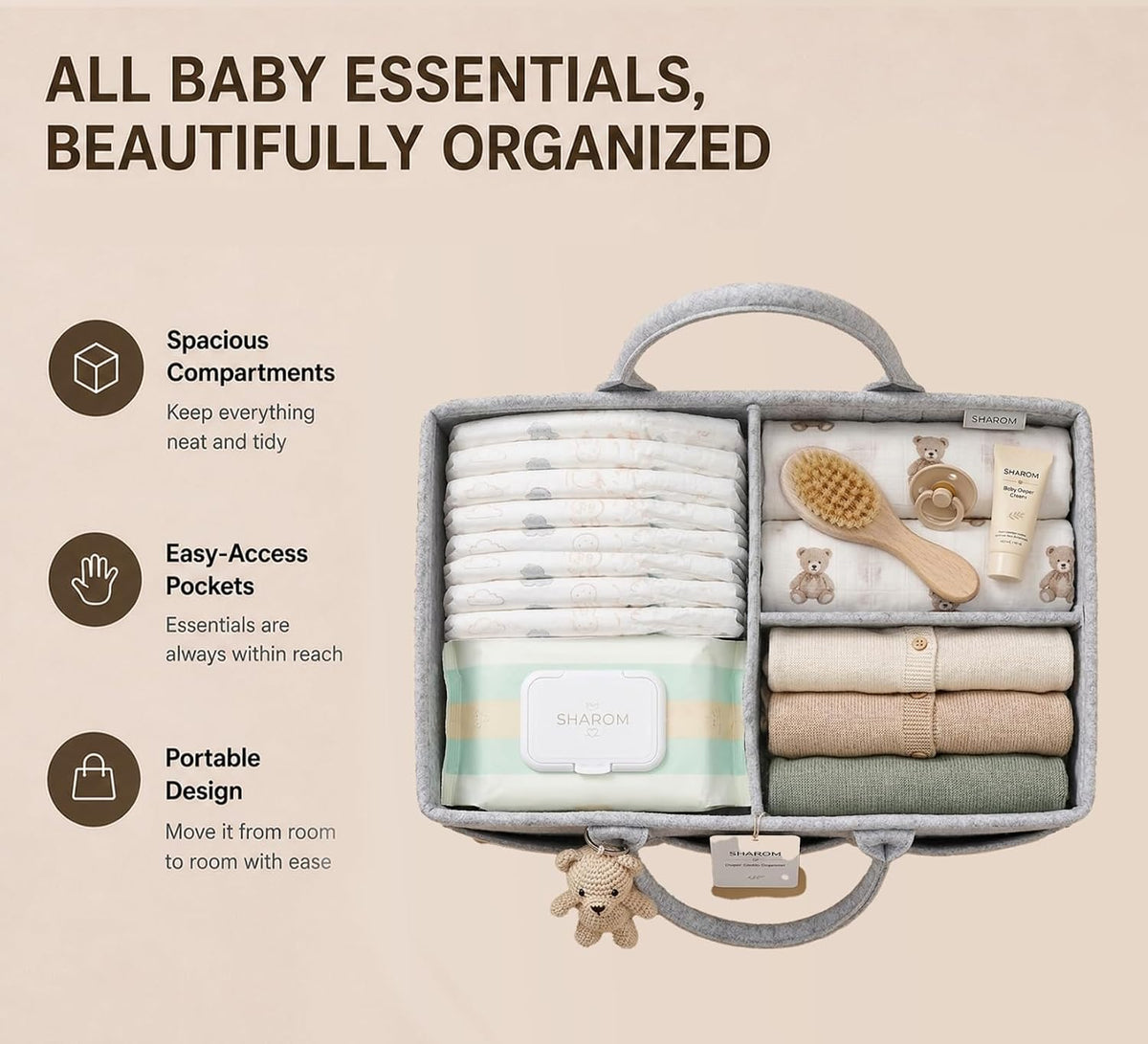 Essential Baby Caddy for Newborns. Spacious, Sturdy & Portable Diaper and Nappy Caddy for Newborn Essentials, Nursery Storage Basket & Organiser for Baby Shower Gifts & Registry Must-Haves Grey