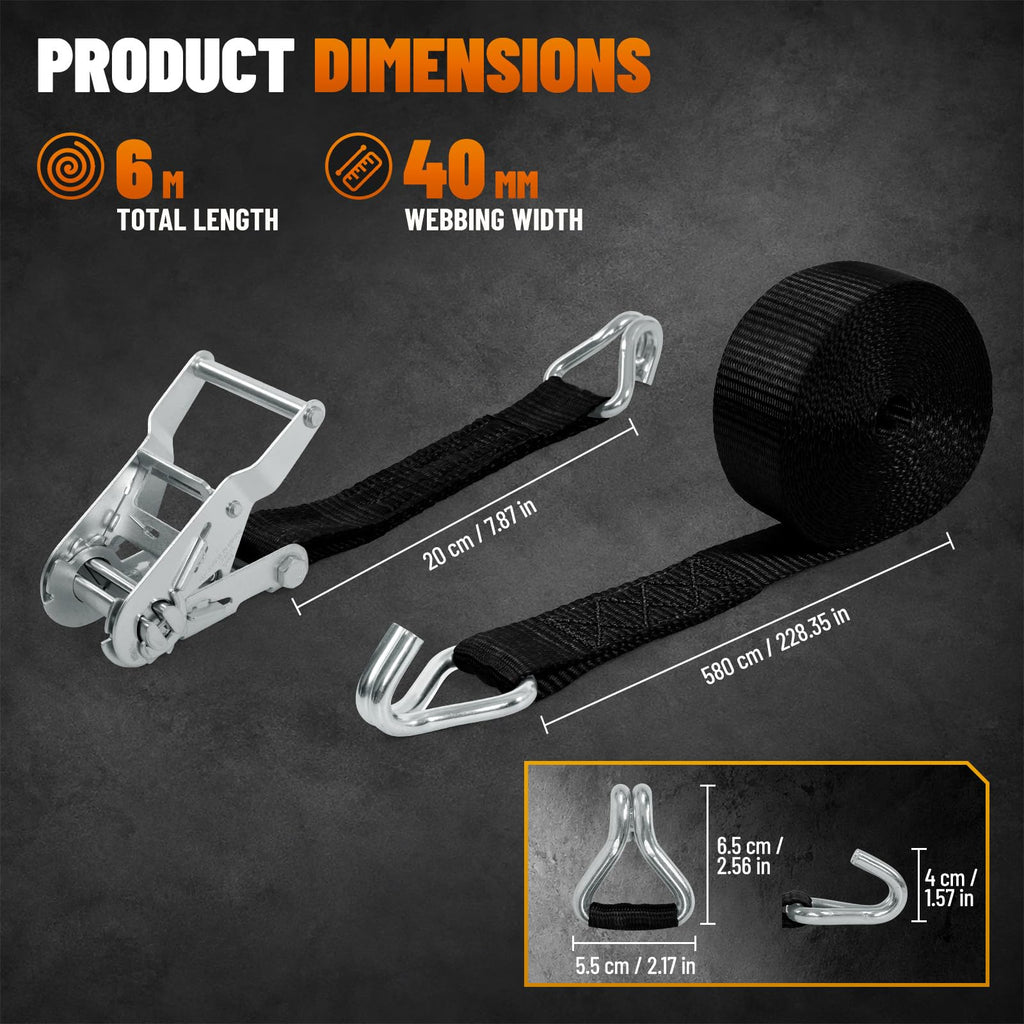 Ratchet Straps with Hook, 6M x 25MM, Heavy Duty, 4 Pack/Black
