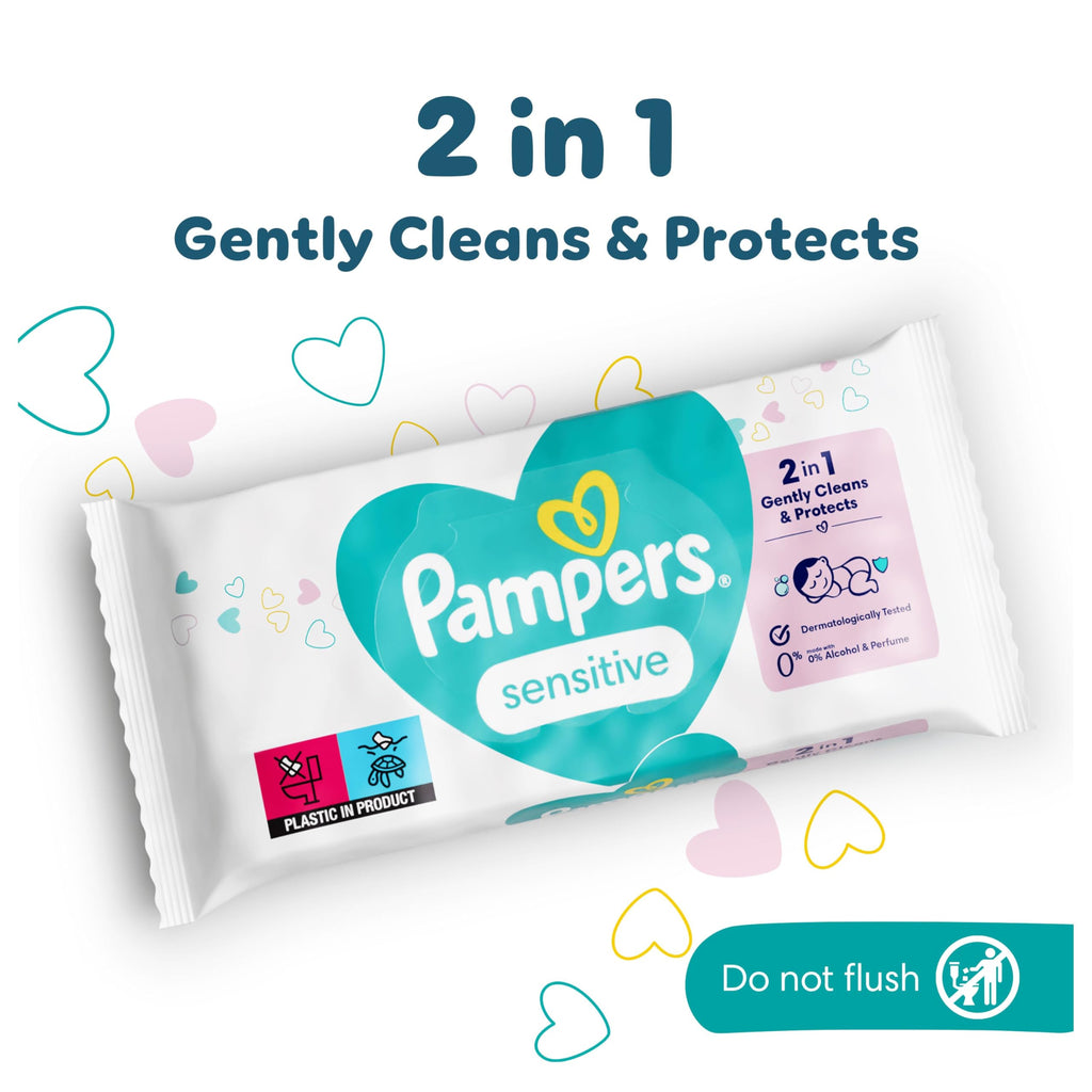 Pampers Sensitive Baby Wipes 24 Packs of 52 Wipes = 1248 Baby Wet Wipes, 2 in 1 Gently Cleans & Protects, 0% plastic in wipes