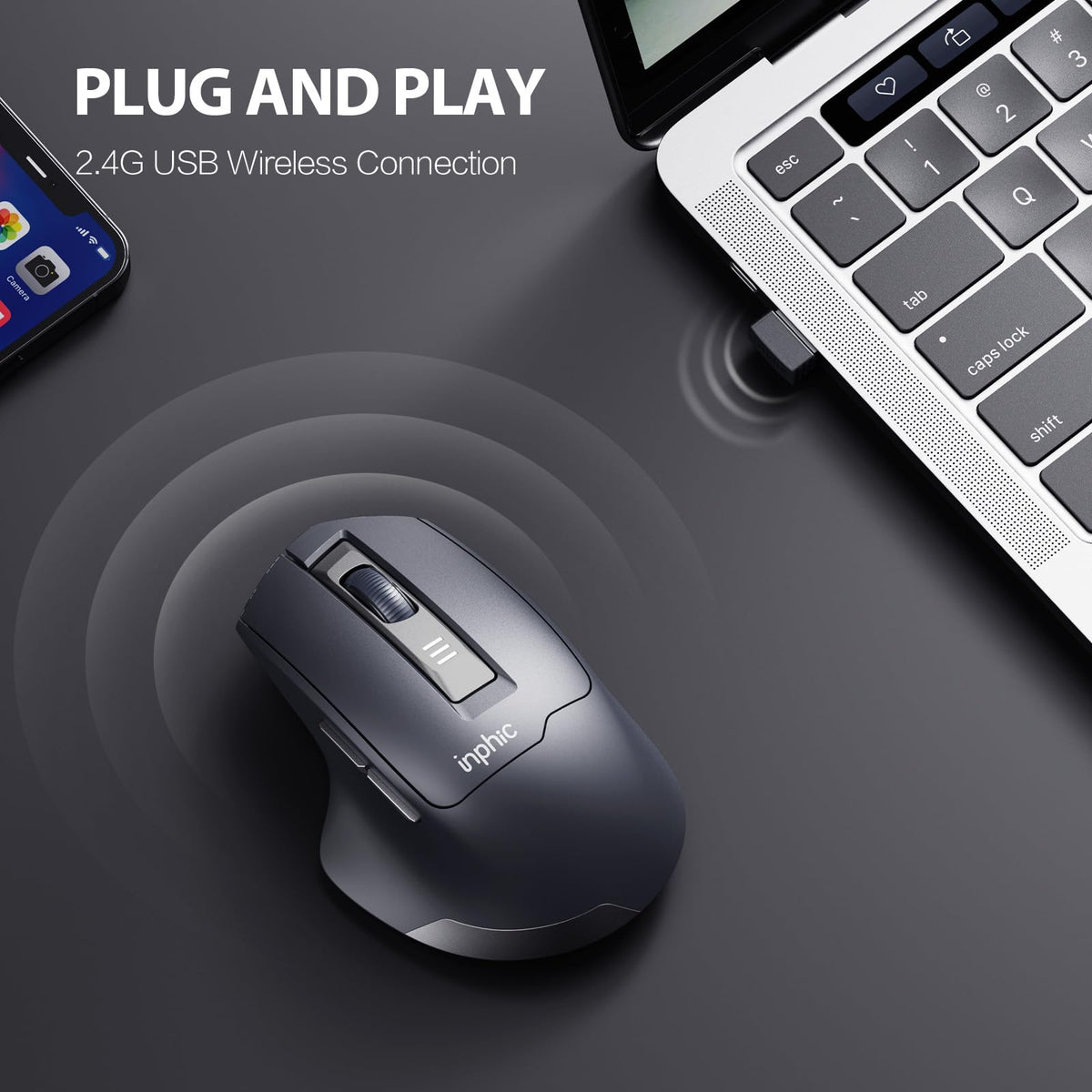 INPHIC Wireless Mouse Rechargeable, [Battery Level Visible], Silent Click USB 2.4G Cordless Mouse for Laptop PC Computer Tablets, 6 Buttons, 2400DPI 4 Adjustment Levels, Black