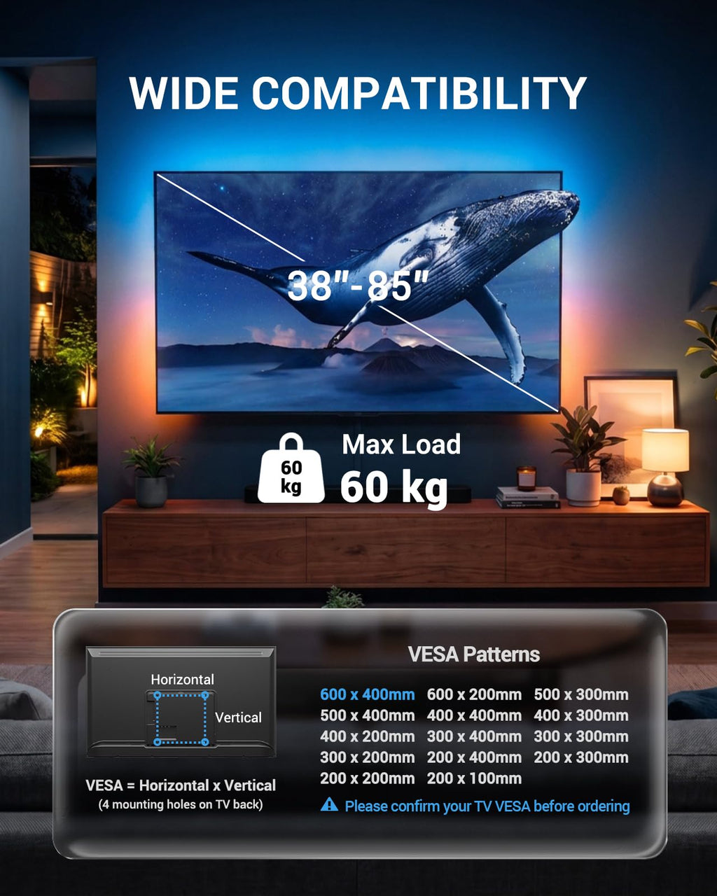 PERLESMITH TV Wall Bracket, for 37-85 Inch TVs 60kg, Max VESA 600x400mm