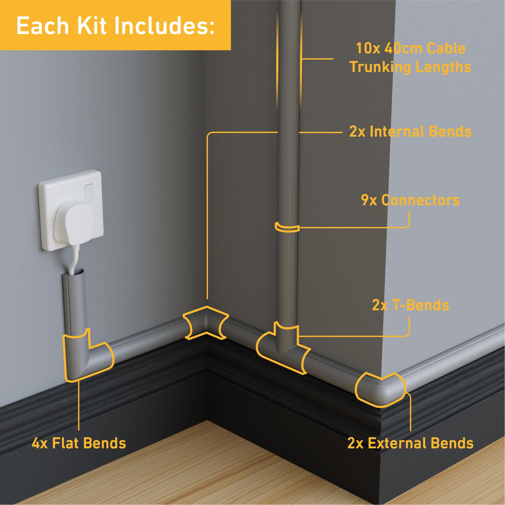 D-Line 30x15mm Cable Trunking 4m Multipack, Half Round Profile, Self-Adhesive Wire Cover, Paintable Cable Management - 10x 30mm (W) x 15mm (H) x 40cm Lengths and Accessories - Aluminium-Effect