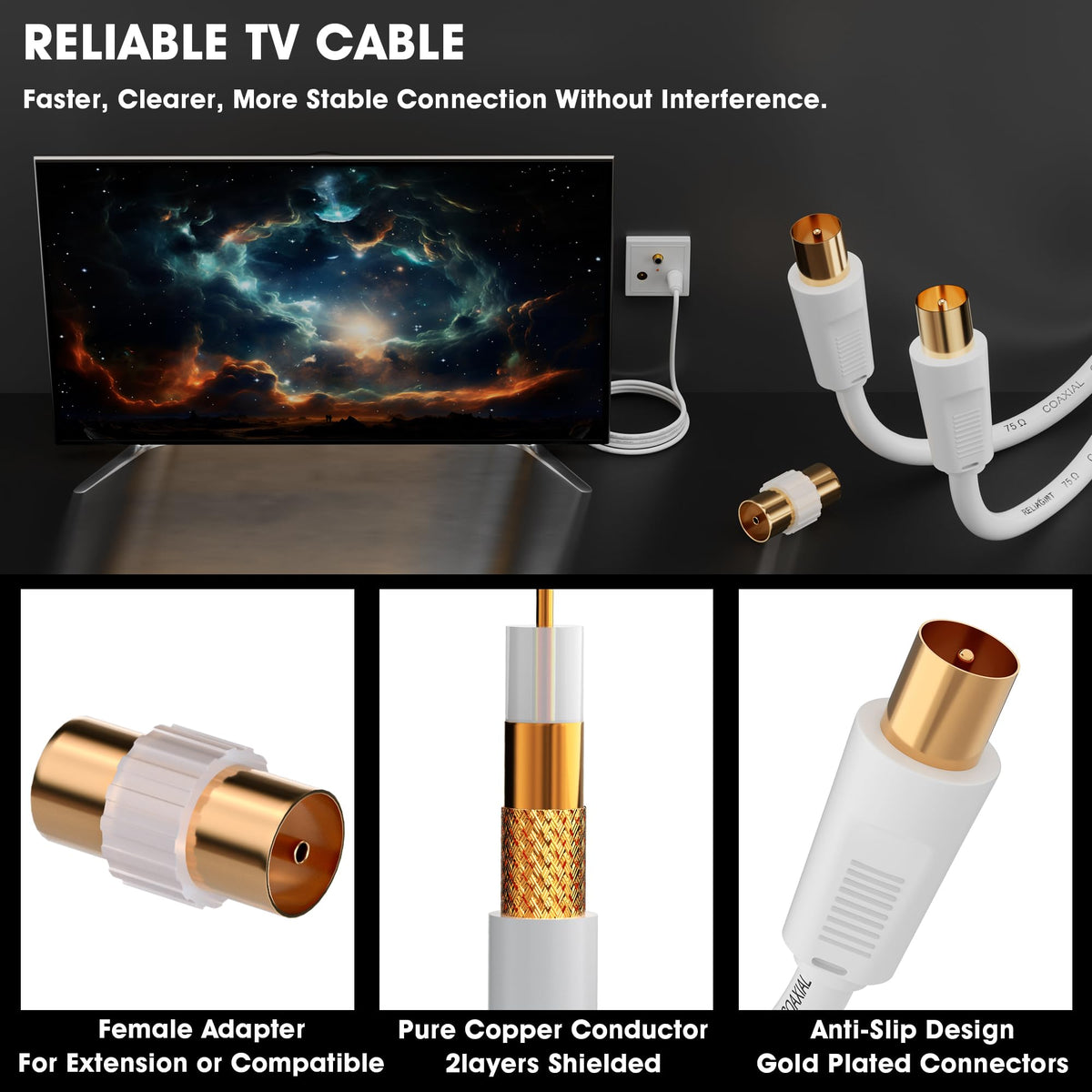 TV Aerial Cable 0.5m, 75 Ohm Coaxial Lead, IEC 9.5mm Male to Male 3C2V Pure Copper Dual Shielded, Right-Angle Connector, Female to Female Adaptor Included, Black