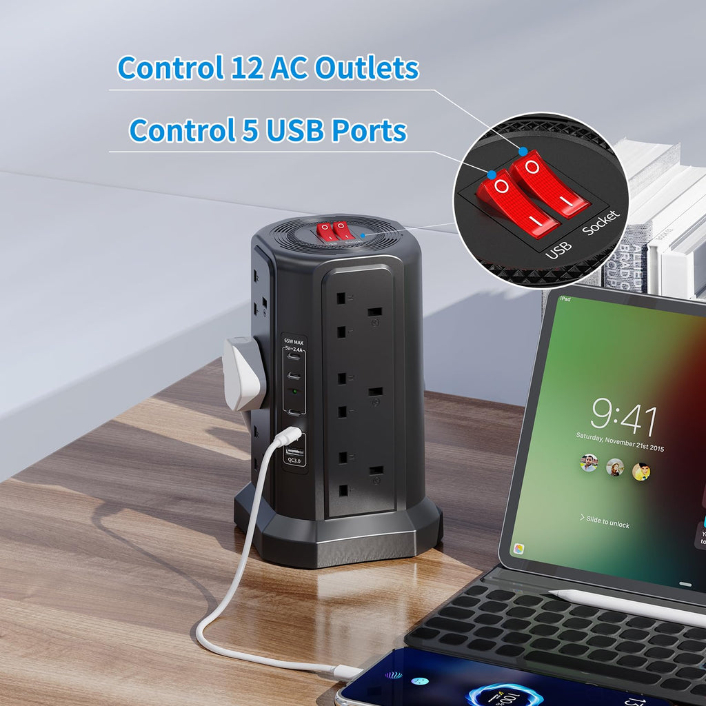 HAFINO Tower Extension Lead with USB Slots, PD18W USB C Fast Charger, 1.8M