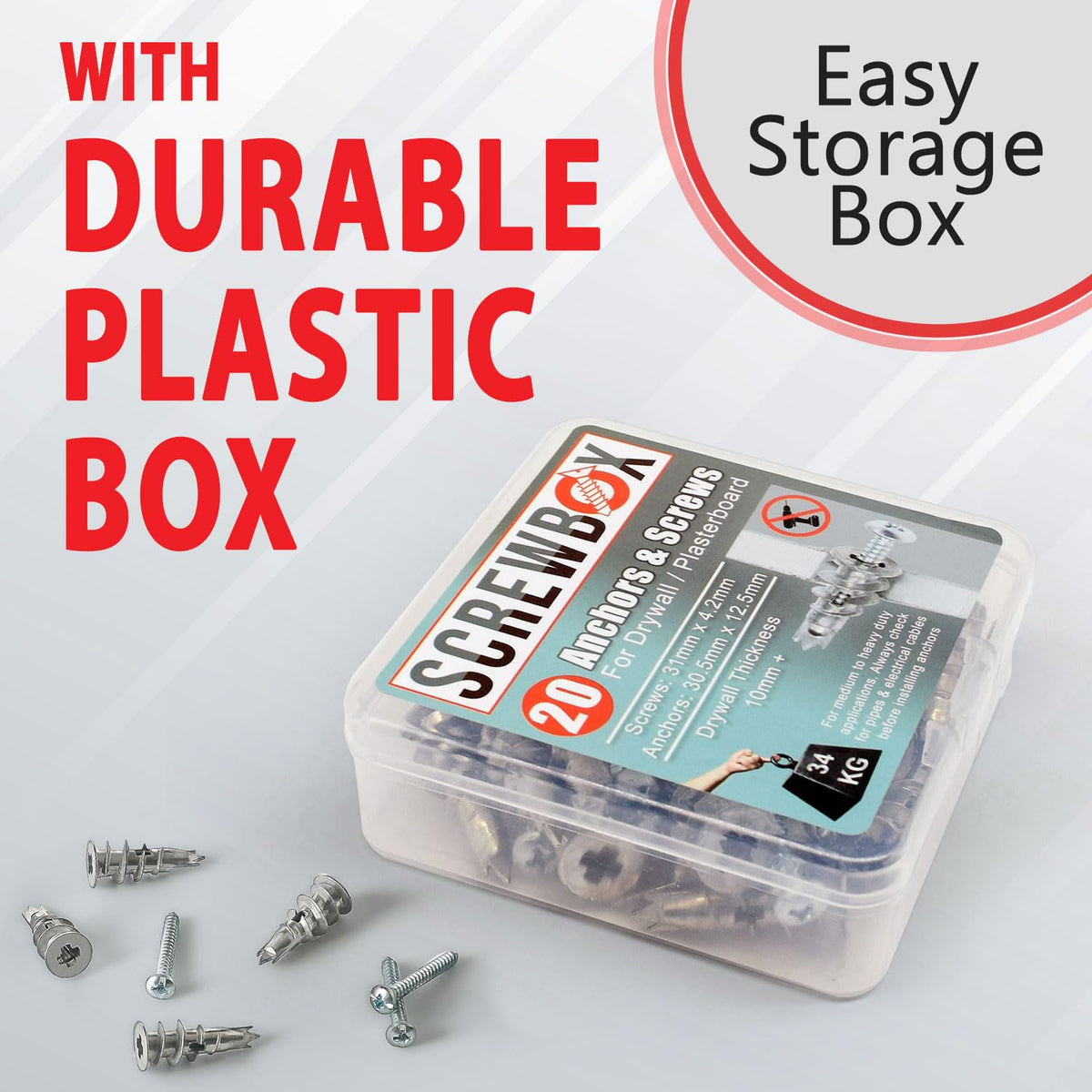 Plasterboard Fixings – 20pcs Heavy Duty Drywall Anchors & Screws, Metal Self Drilling Wall Plugs for Strong Grip