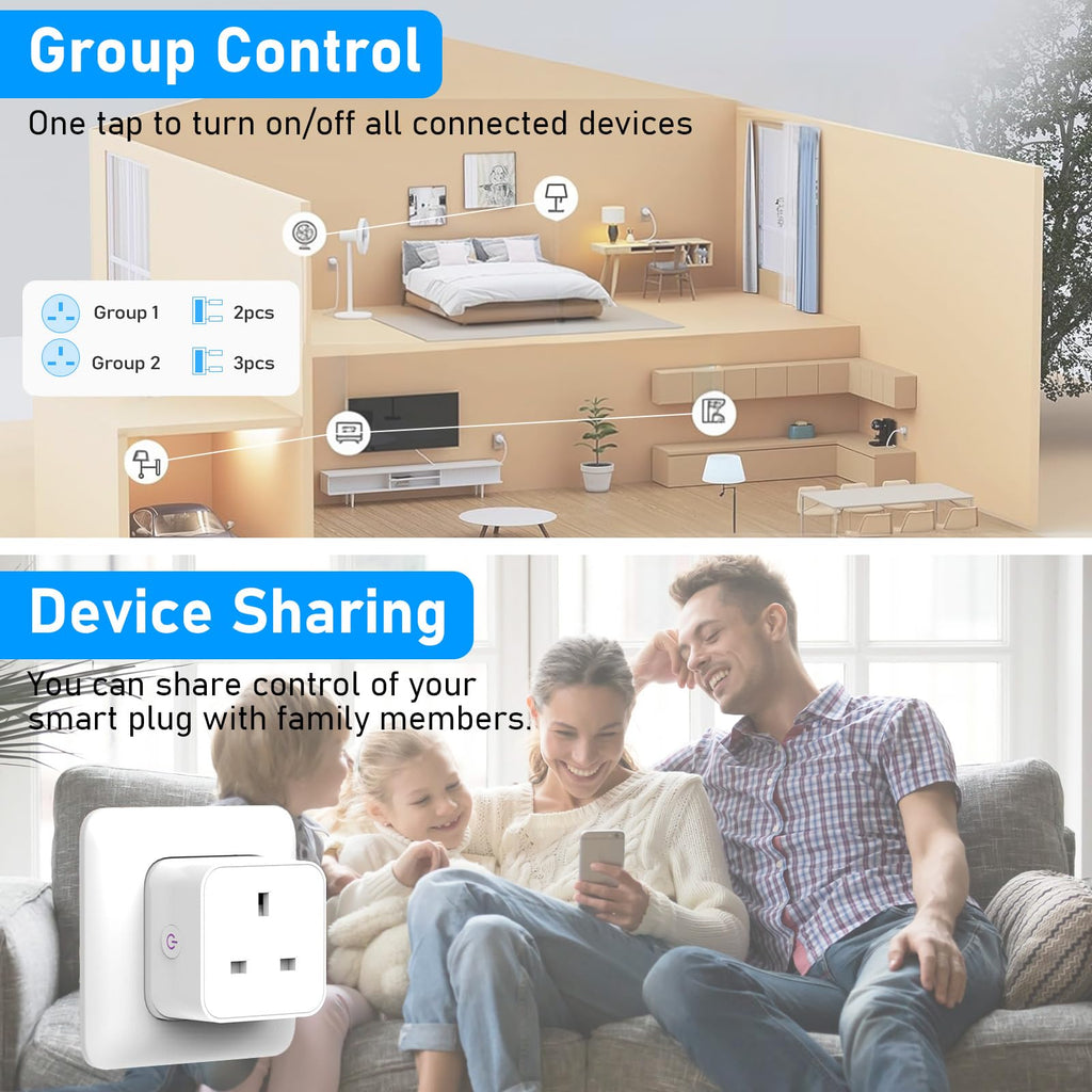 Smart Plug, TVLIVE 4 Pack Smart Plugs Work that with Alexa (Echo/Echo Dot), Google Home Voice Control, Energy Monitoring, Remote Control, Timer & Schedule Function, Device Sharing, Wifi Plug Socket UK