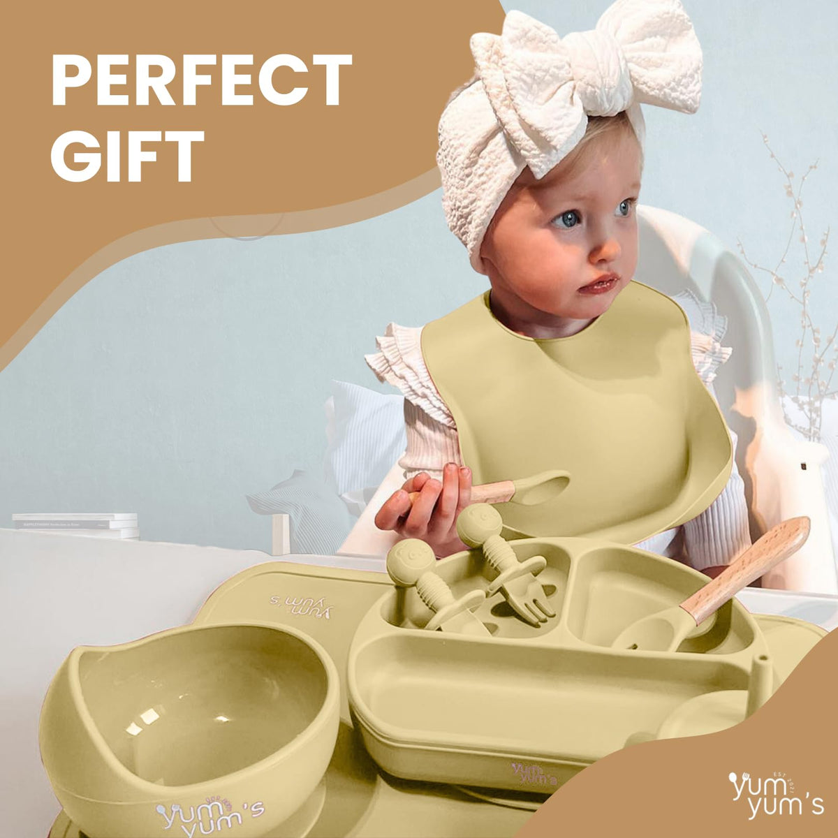 Yum Yum's Baby 10 Pcs Blue Weaning Set - Complete Toddler Feeding Kit w/Sectioned Plate, Suction Bowls, Cutlery with Mouth Guard, Straw Cup, Bib & Mat - Non-Slip - for Toddlers & Baby Gift