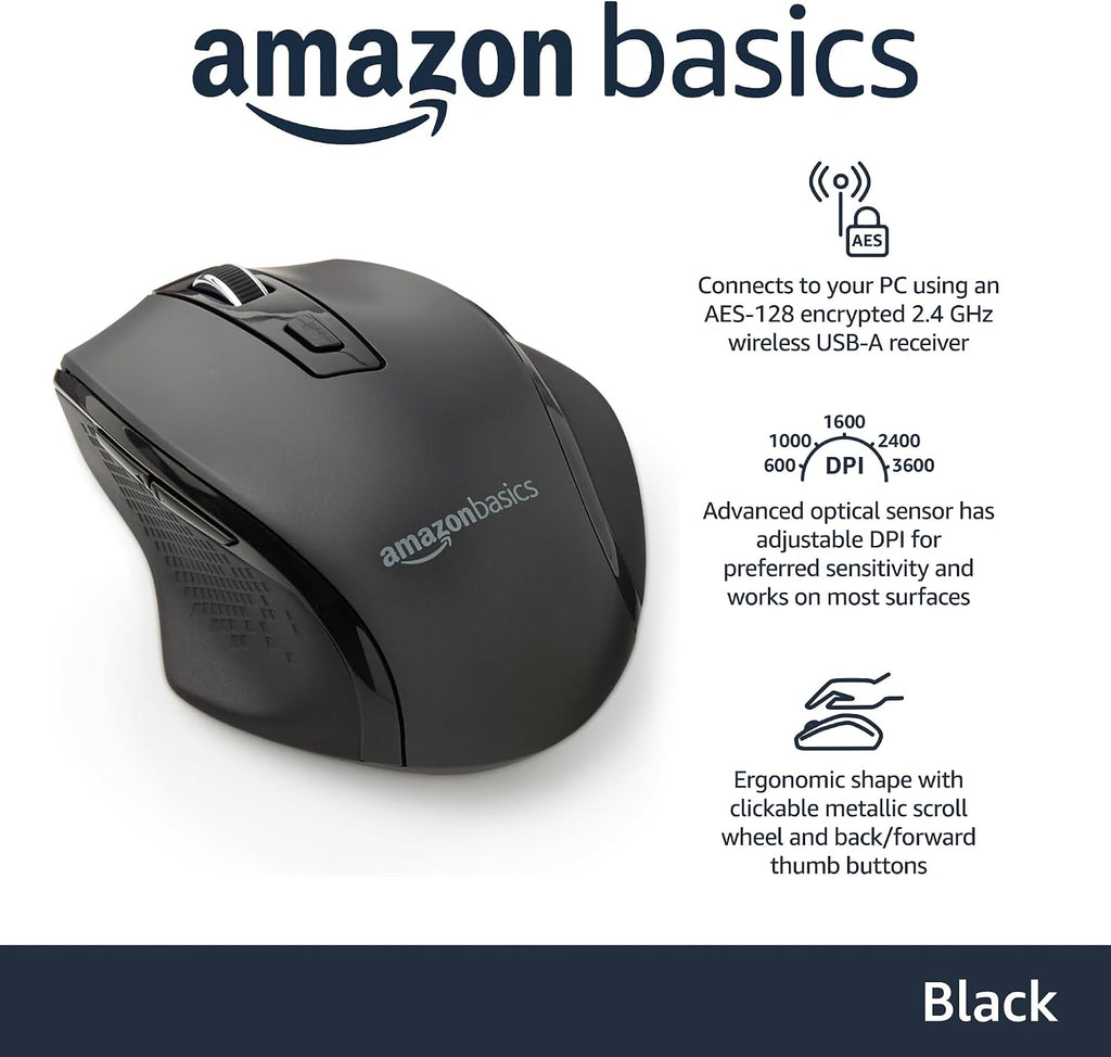 Amazon Basics Wireless Mouse, Ergonomic Mouse with Adjustable DPI 600-3600, 2.4 GHz USB Receiver for Home Office Laptop Desktop, Black