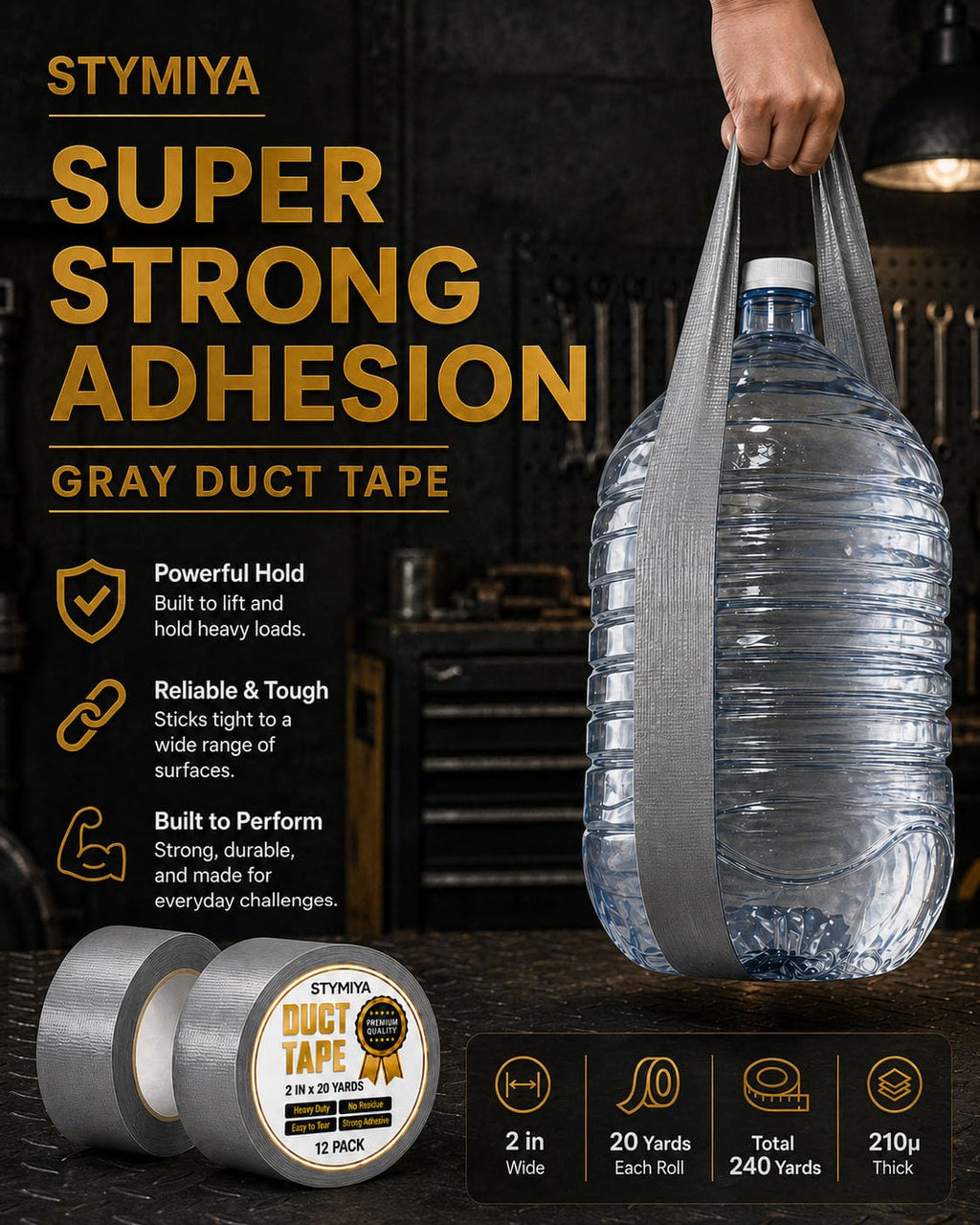 Black Duct Tape Heavy Duty: 3 Rolls 2inch x 20yd Wide Waterproof Outdoor - Strong Adhesive Weather Tapes Repair Bulk - Ductape for Patterns Masking Packing Furniture Kids Craft (3, Matte Black)