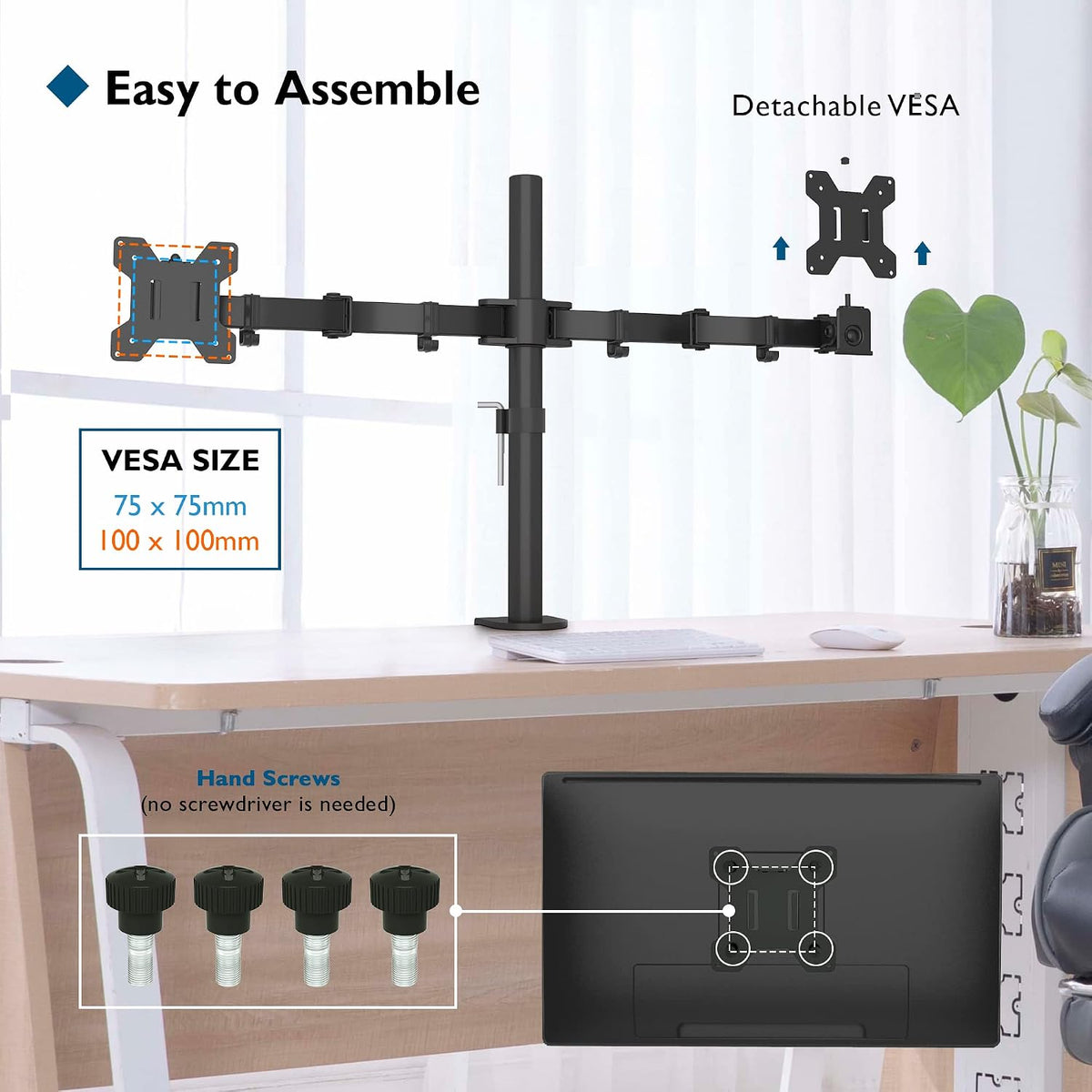 BONTEC Dual Monitor Arm Desk Mount for 13–27 Inch Computer Screens, VESA 75x75/100x100, Full Motion Adjustable Monitor Arm with 360° Rotation, Height Adjustable up to 430mm, Max 10kg per Arm, Black