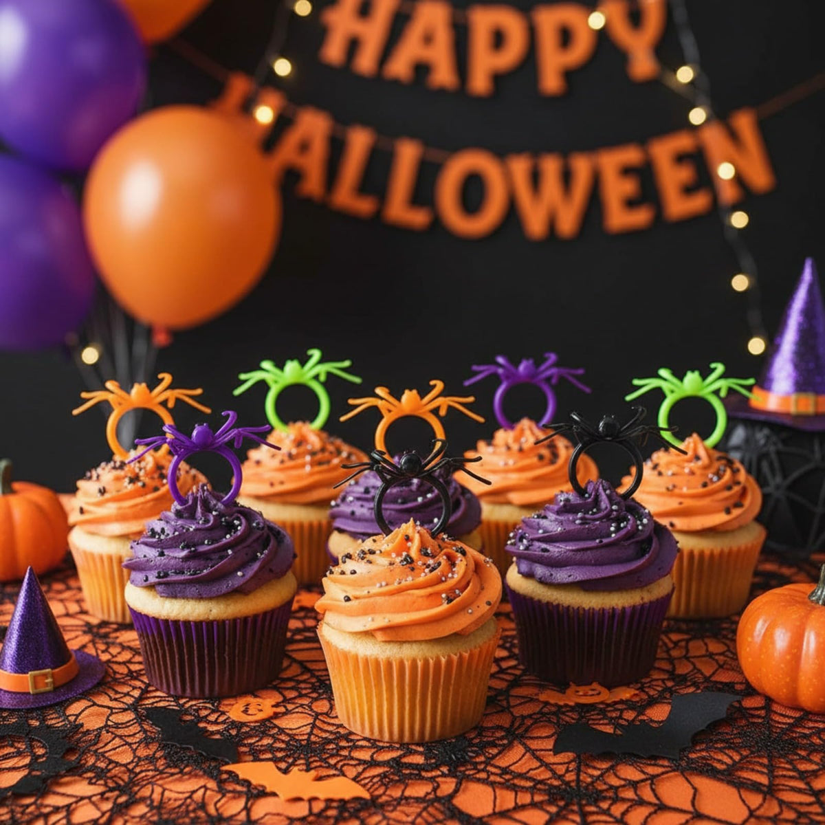 Boao 120 Pcs Halloween Spider Rings for Kids, Black, Purple, Orange, Green