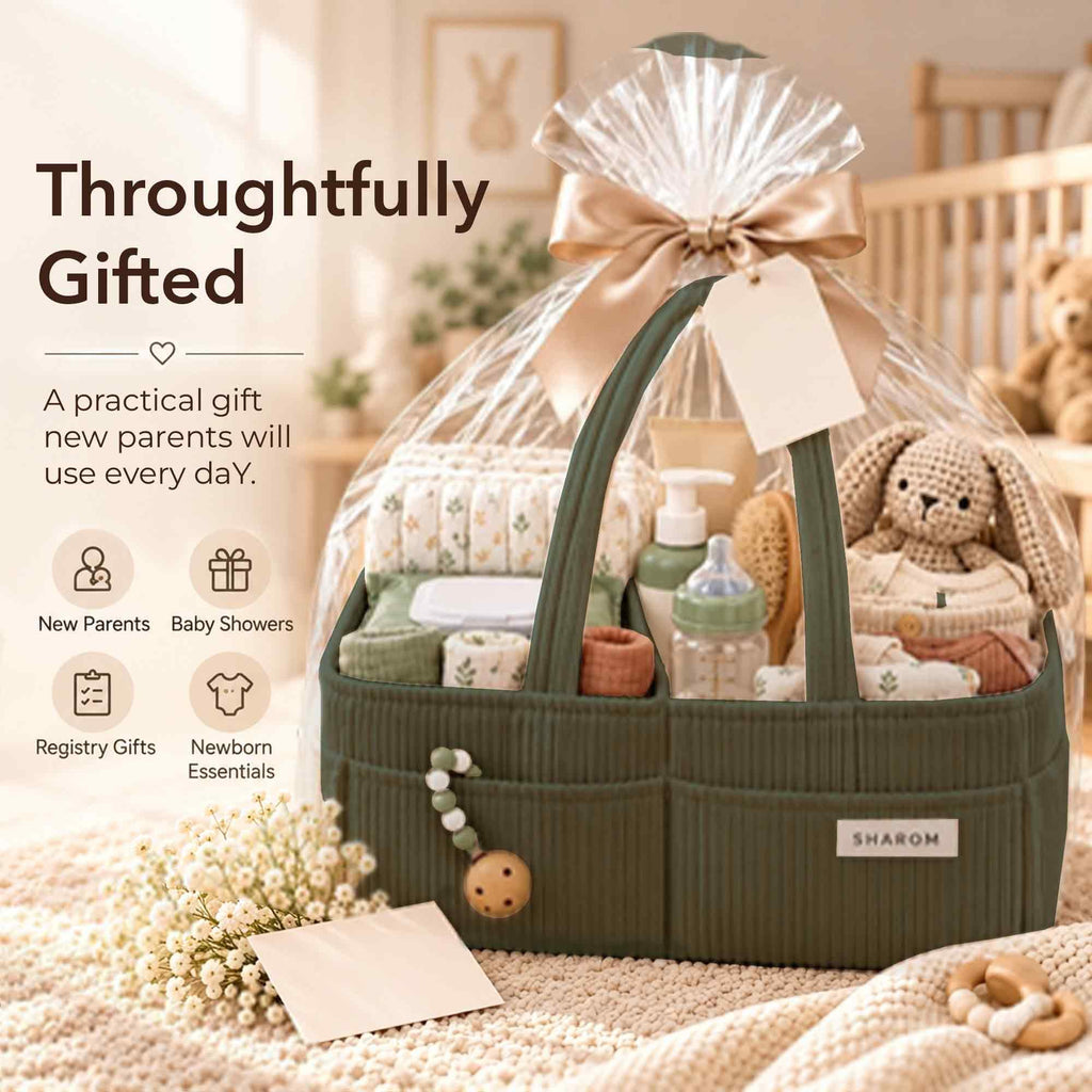 Essential Baby Caddy for Newborns. Spacious, Sturdy & Portable Diaper and Nappy Caddy for Newborn Essentials, Nursery Storage Basket & Organiser for Baby Shower Gifts & Registry Must-Haves Grey