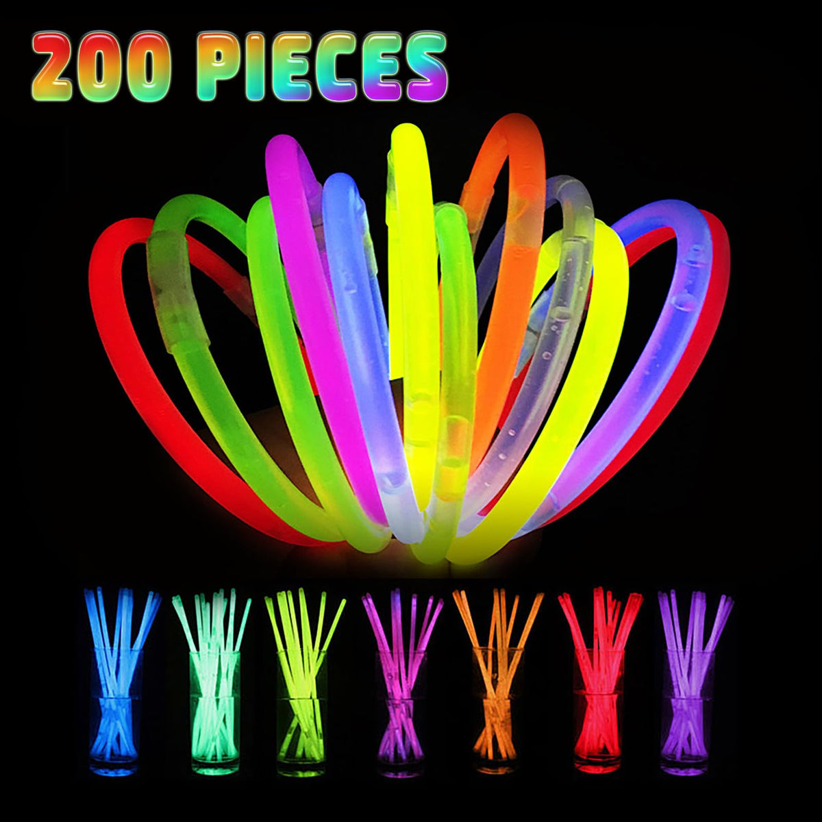 HONLYNE 100 Pack Glow Sticks Party Favors Bulk, 8" Glow in the Dark Party Supplies, Party Favors for Kids 8-12, Neon Glow Stick Bracelets & Necklaces for Raves, Halloween, Christmas, Birthdays