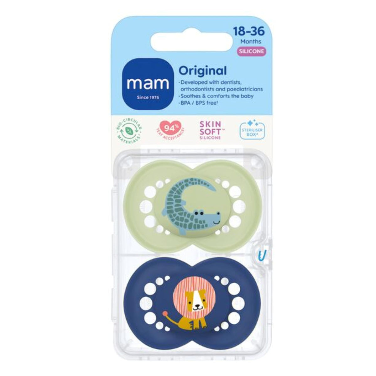 MAM Original Dummies, 18-36M, 2 Pack, Orthodontic Design, Blue