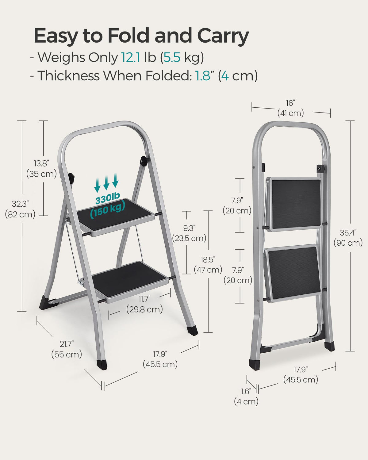 SONGMICS 3-Step Ladder, Folding Step Ladder, Safety, Holds up to 150KG