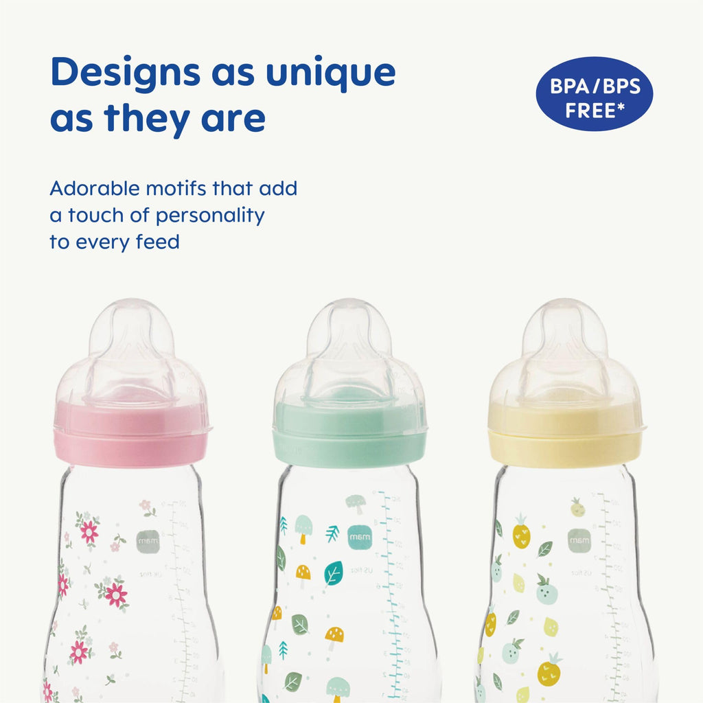 MAM Glass Bottle, 2X 260ml, with SkinSoft Silicone Teat, Yellow