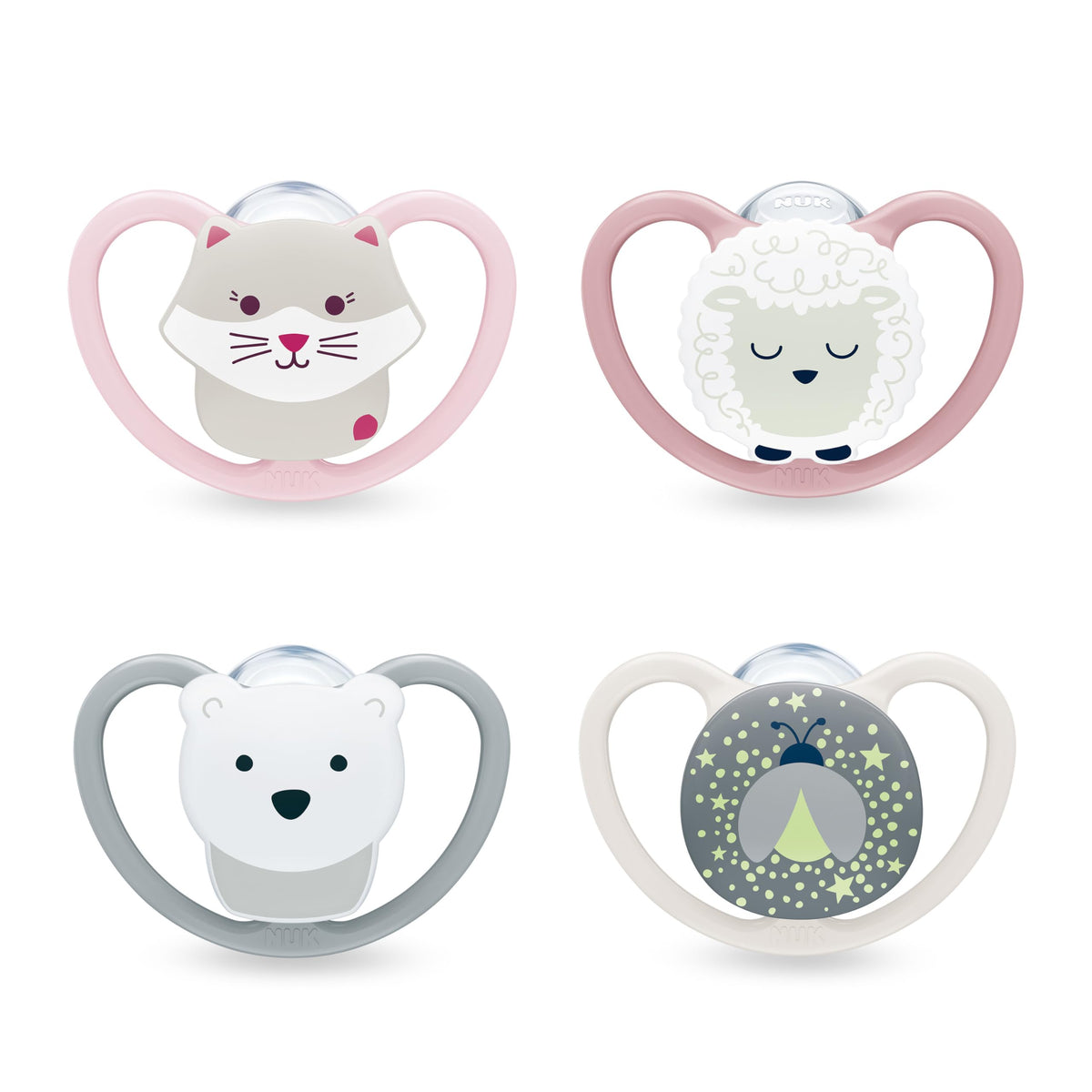 NUK Space Day & Night Baby Dummy | 6-18 Months | Glow-in-the-Dark Soothers with Extra Ventilation for Sensitive Skin | BPA-Free Silicone | Zebra & Lion | 4 Count