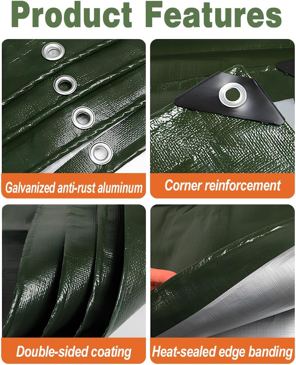 Wohohoho 120GSM Tarpaulin Waterproof Heavy Duty, 4m x 4m Large Green Rainproof Tarp UV/Tear Resistant PE Tarpaulin Sheet Tent with Reinforced Eyelets, Cover for Car, Pool, Caravan, Garden Furniture