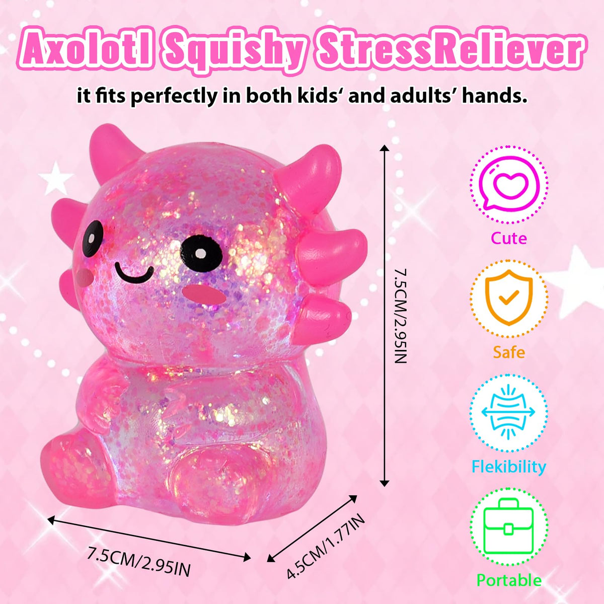 Axolotl Squishy Stress Relief Toy Glitter Fidget Toys Cute Malt Sugar Axolotl Toy Fidget Toys for Kids Youth Adult, Party Favors Anxiety Relief Squishy Toys(Blue)
