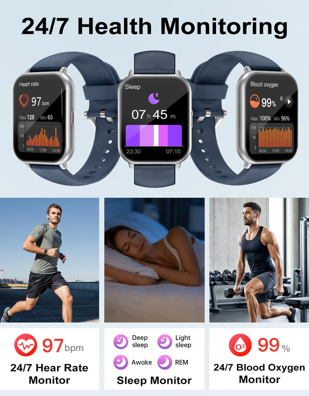 RUIMEN Smart Watch Answer Dial Call,Smart Watches for Women Men 1.85" HD Screen Fitness watch with SpO2 Heart Rate Sleep Monitor Step Counter Waterproof 100+ Sports Mode for Android iOS (2 Bands)