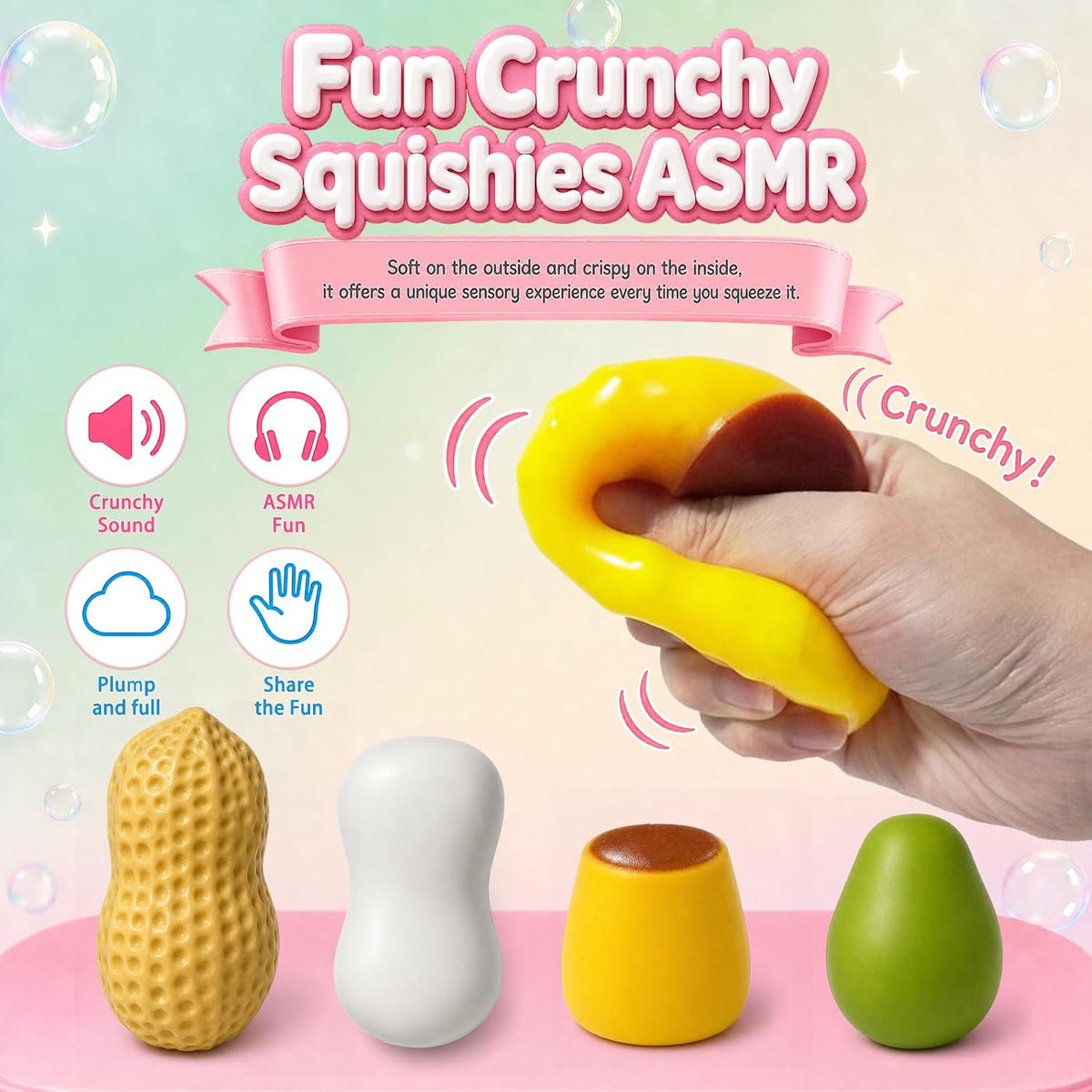 4 Pack Crunchy Squishy Stress Ball,Mango Pudding Peanut & Soap ASMR Fidget