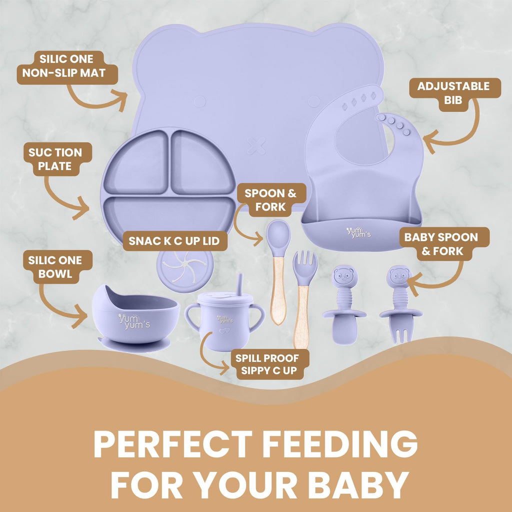 Yum Yum's Baby 10 Pcs Blue Weaning Set - Complete Toddler Feeding Kit w/Sectioned Plate, Suction Bowls, Cutlery with Mouth Guard, Straw Cup, Bib & Mat - Non-Slip - for Toddlers & Baby Gift
