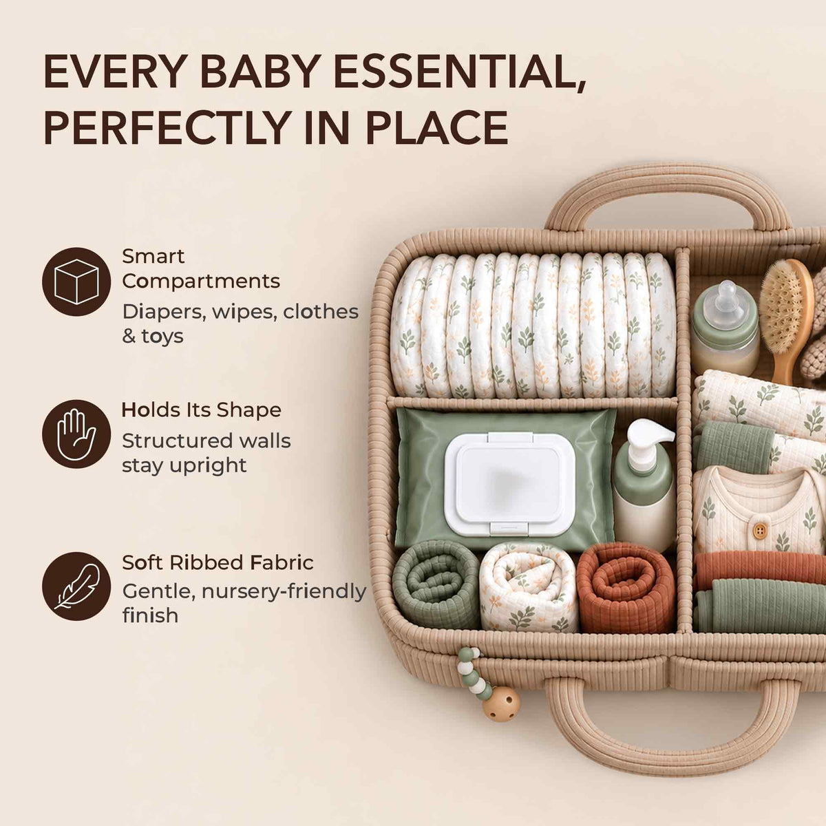 Essential Baby Caddy for Newborns. Spacious, Sturdy & Portable Diaper and Nappy Caddy for Newborn Essentials, Nursery Storage Basket & Organiser for Baby Shower Gifts & Registry Must-Haves Grey