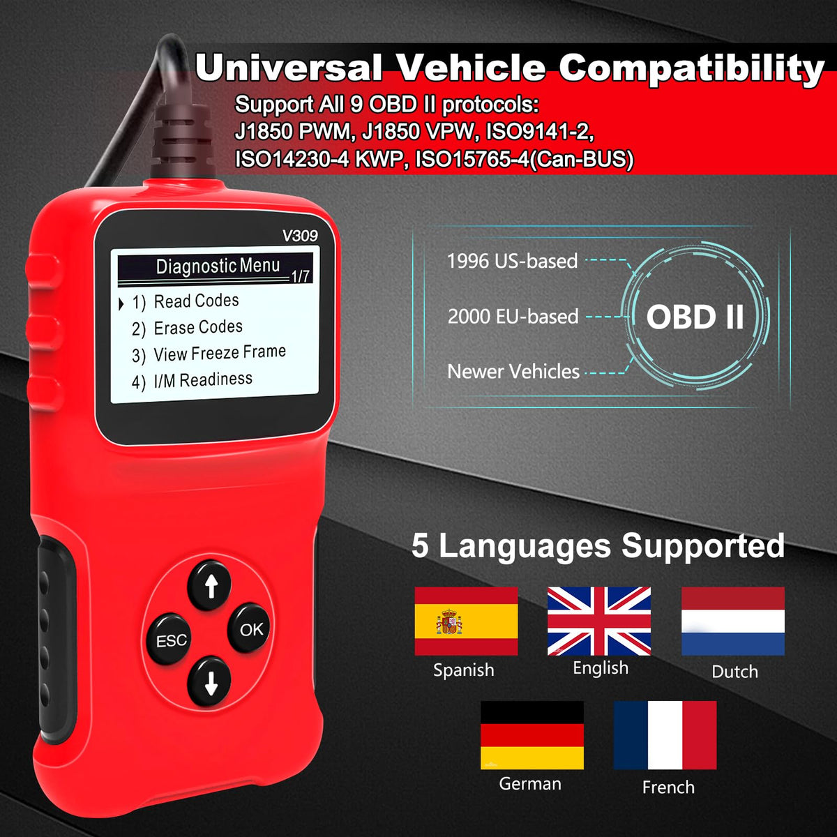 OBD2 Scanner Car Engine Fault Code Reader Wired, V302 OBDII Scan Tool