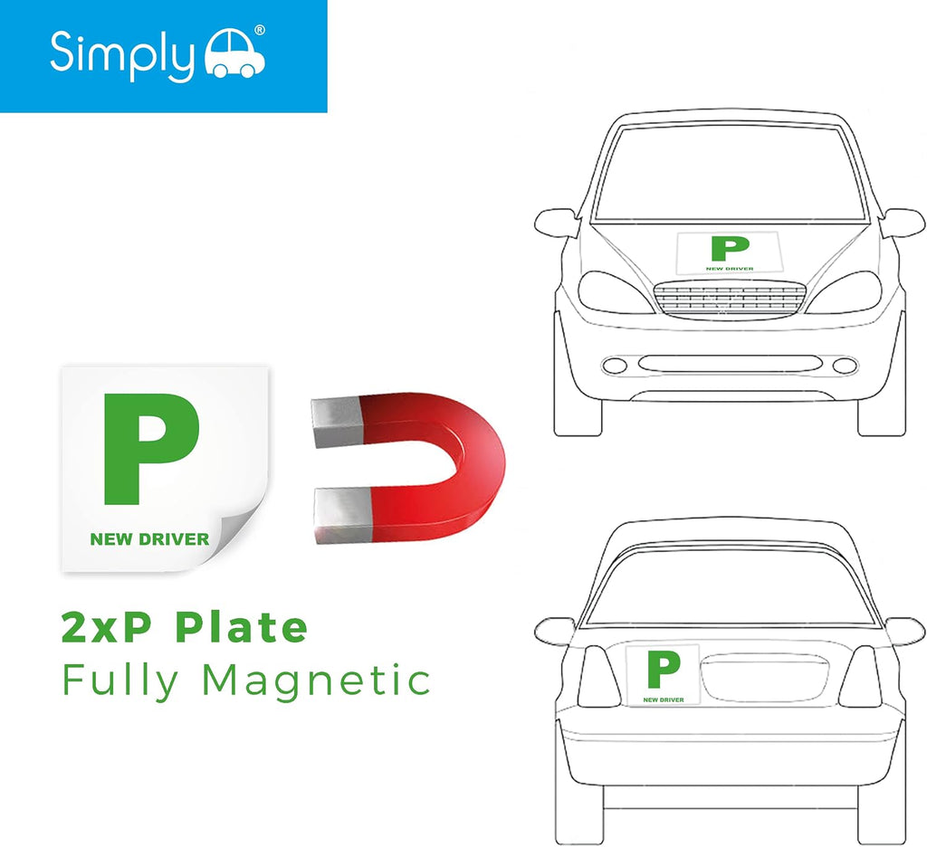 Simply TL1100 Pack of 2, Fully Magnetic Car P-Plates Twin Pack for New Drivers, Easy to Attach and Remove, Strong Magnet Backs for Vehicles