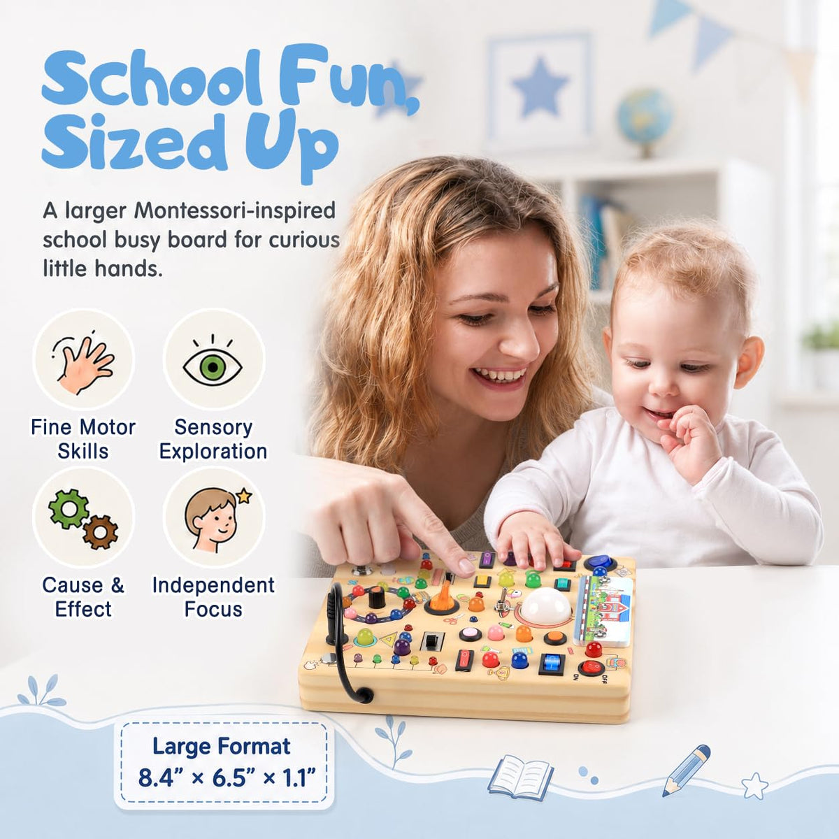Busy Board with LED Light Switches, Montessori Toys for 1 2 3 Years Old, Toddlers Wooden Toy Sensory Activity Board, Travel Toys for 1+ Year Old Boy & Girl Birthday Gift