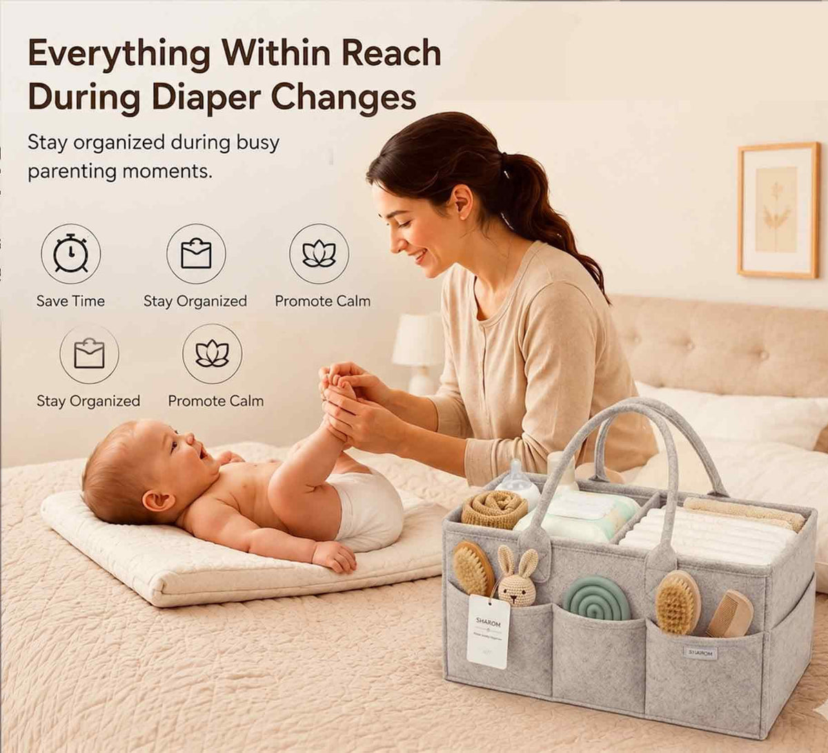 Essential Baby Caddy for Newborns. Spacious, Sturdy & Portable Diaper and Nappy Caddy for Newborn Essentials, Nursery Storage Basket & Organiser for Baby Shower Gifts & Registry Must-Haves Grey