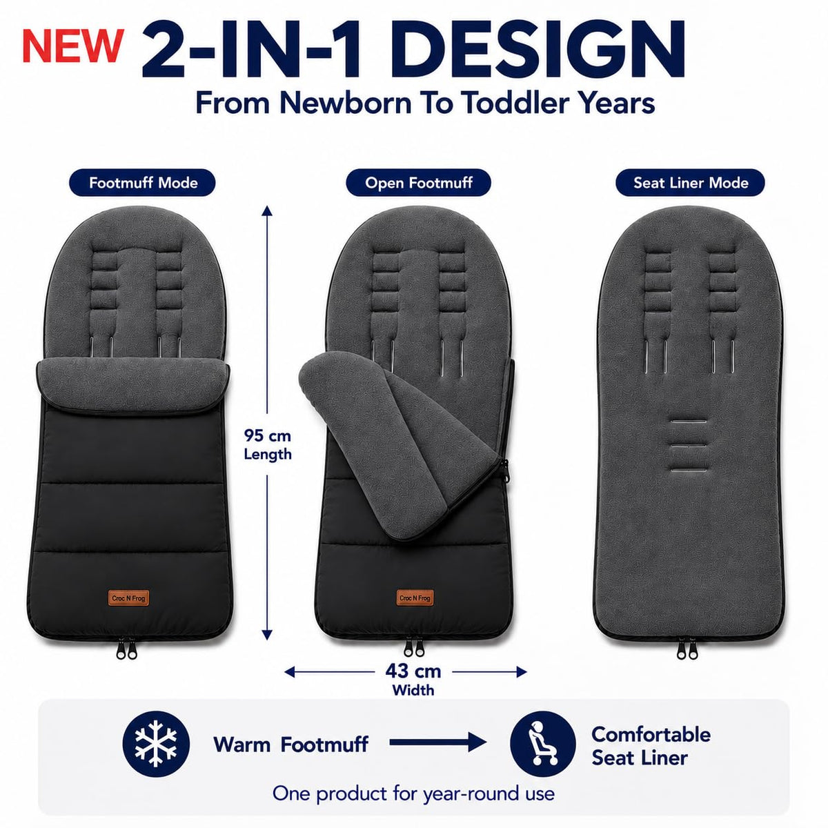 CrocnFrog Universal Baby Bunting Footmuff - Cosy Toes Fit Toddler Foot Muff for Stroller, Buggy, Pushchair & Pram Footmuffs Comes with Warm and Soft Polar Fleece Water, Wind