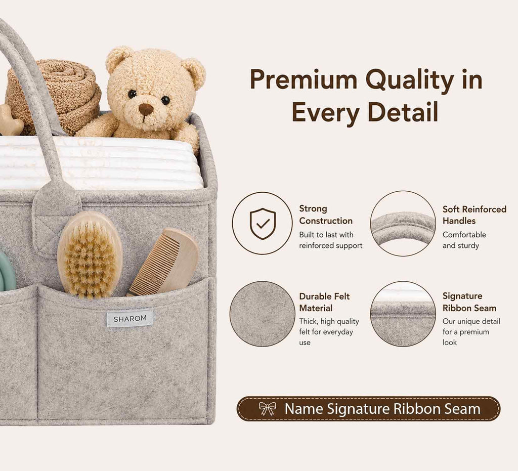 Essential Baby Caddy for Newborns. Spacious, Sturdy & Portable Diaper and Nappy Caddy for Newborn Essentials, Nursery Storage Basket & Organiser for Baby Shower Gifts & Registry Must-Haves Grey