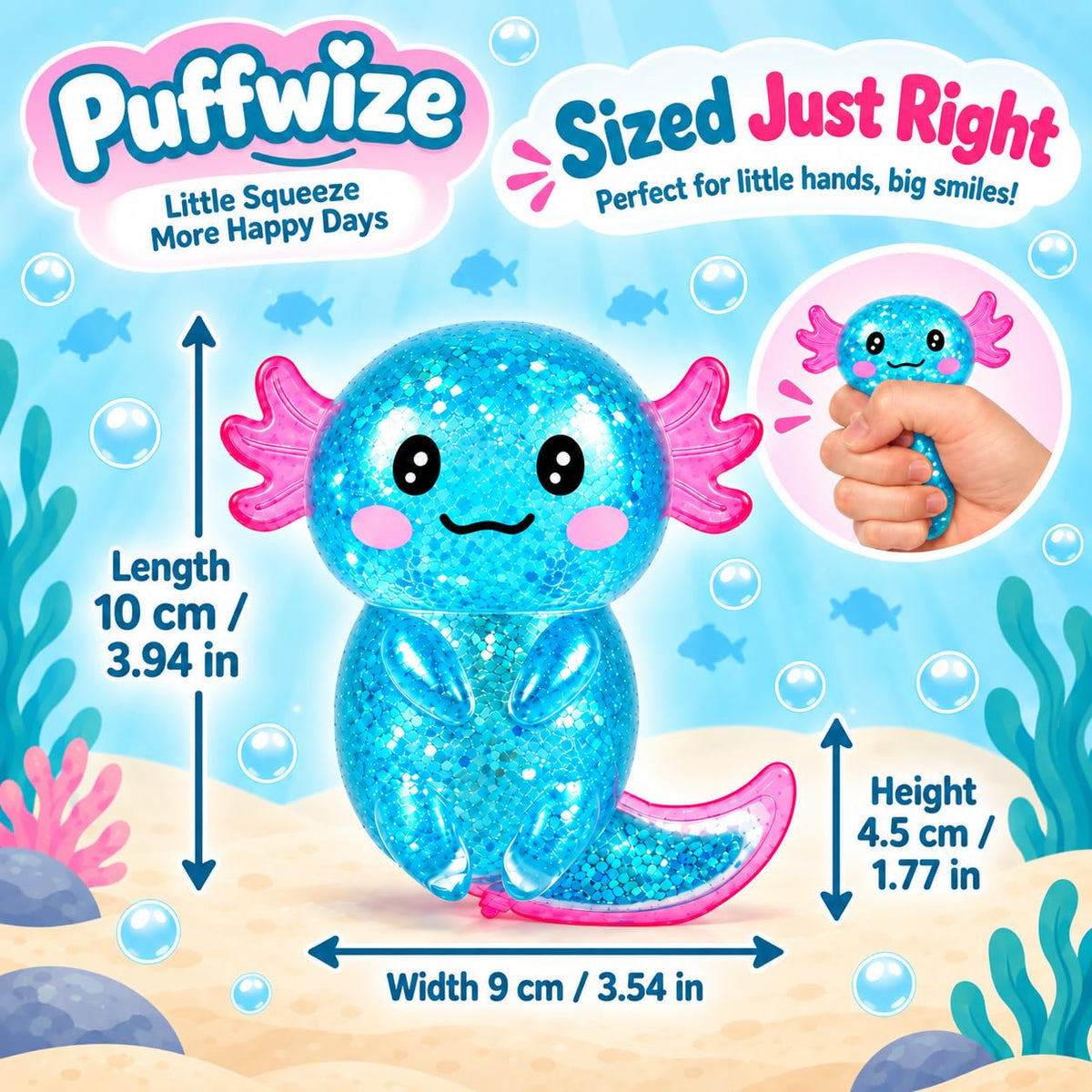 Axolotl Squishy Stress Relief Toy Glitter Fidget Toys Cute Malt Sugar Axolotl Toy Fidget Toys for Kids Youth Adult, Party Favors Anxiety Relief Squishy Toys(Blue)